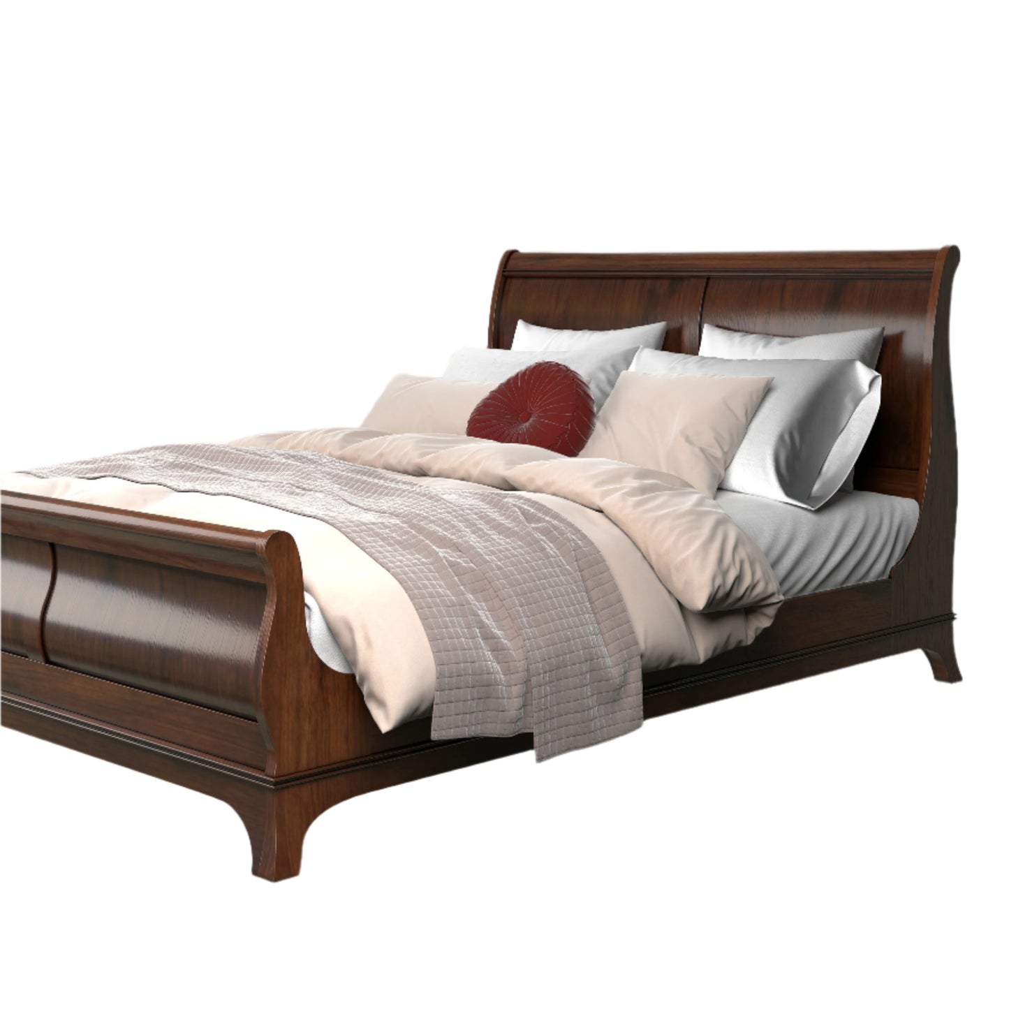 A right-hand corner angle of a dark brown wooden bed frame with a headboard and footboard, displayed against a plain background.