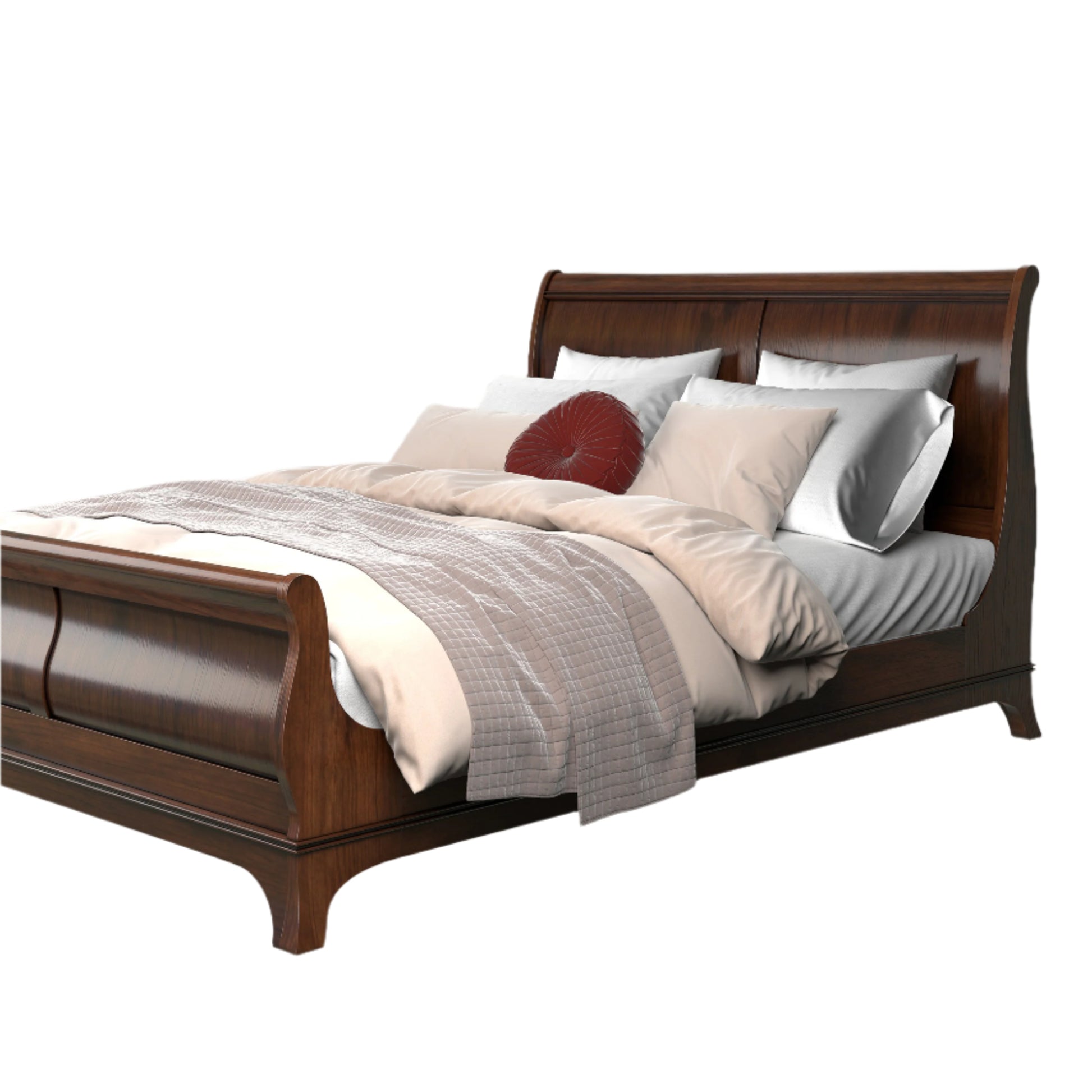 A right-hand corner angle of a dark brown wooden bed frame with a headboard and footboard, displayed against a plain background.