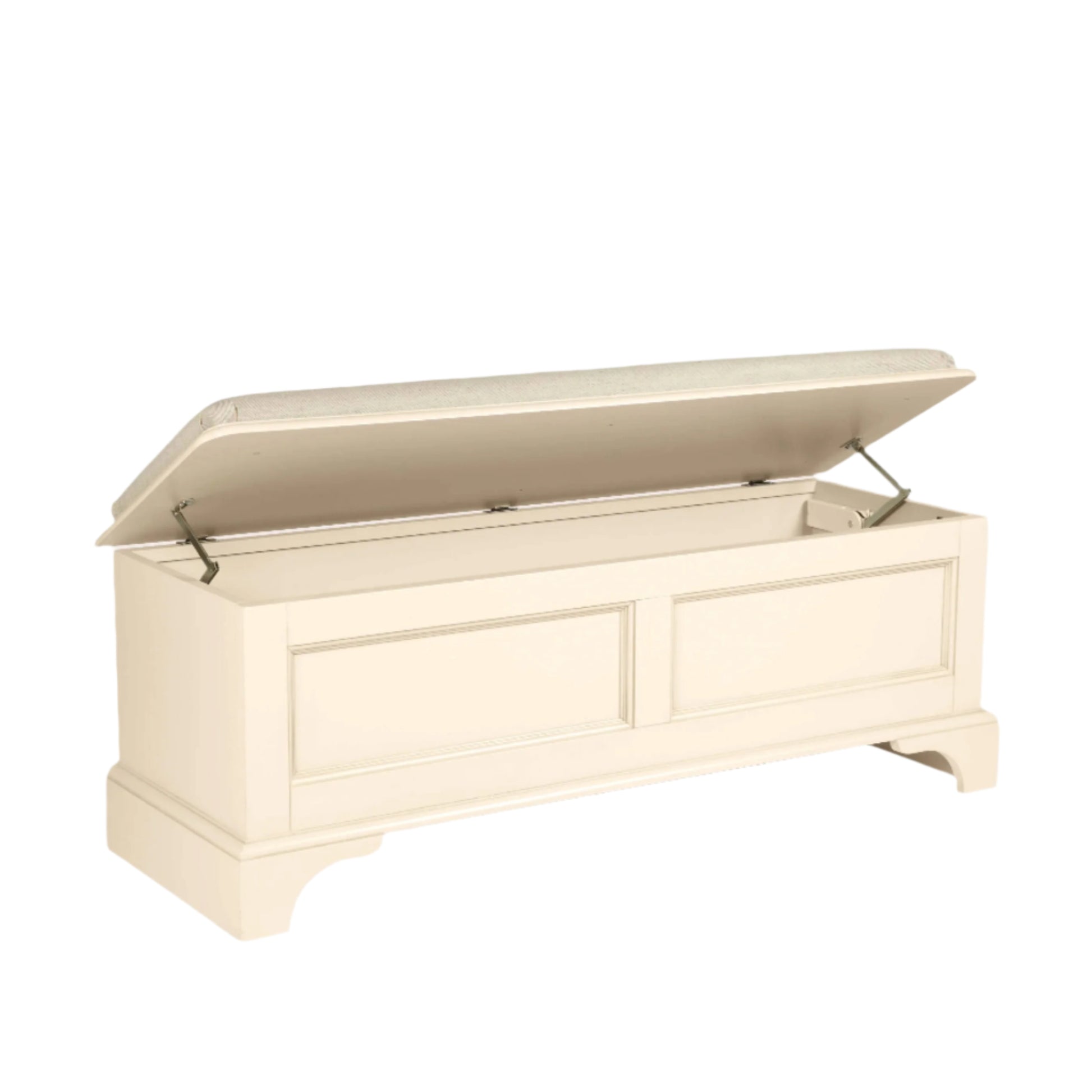 White wooden chest with open lid on a light beige background