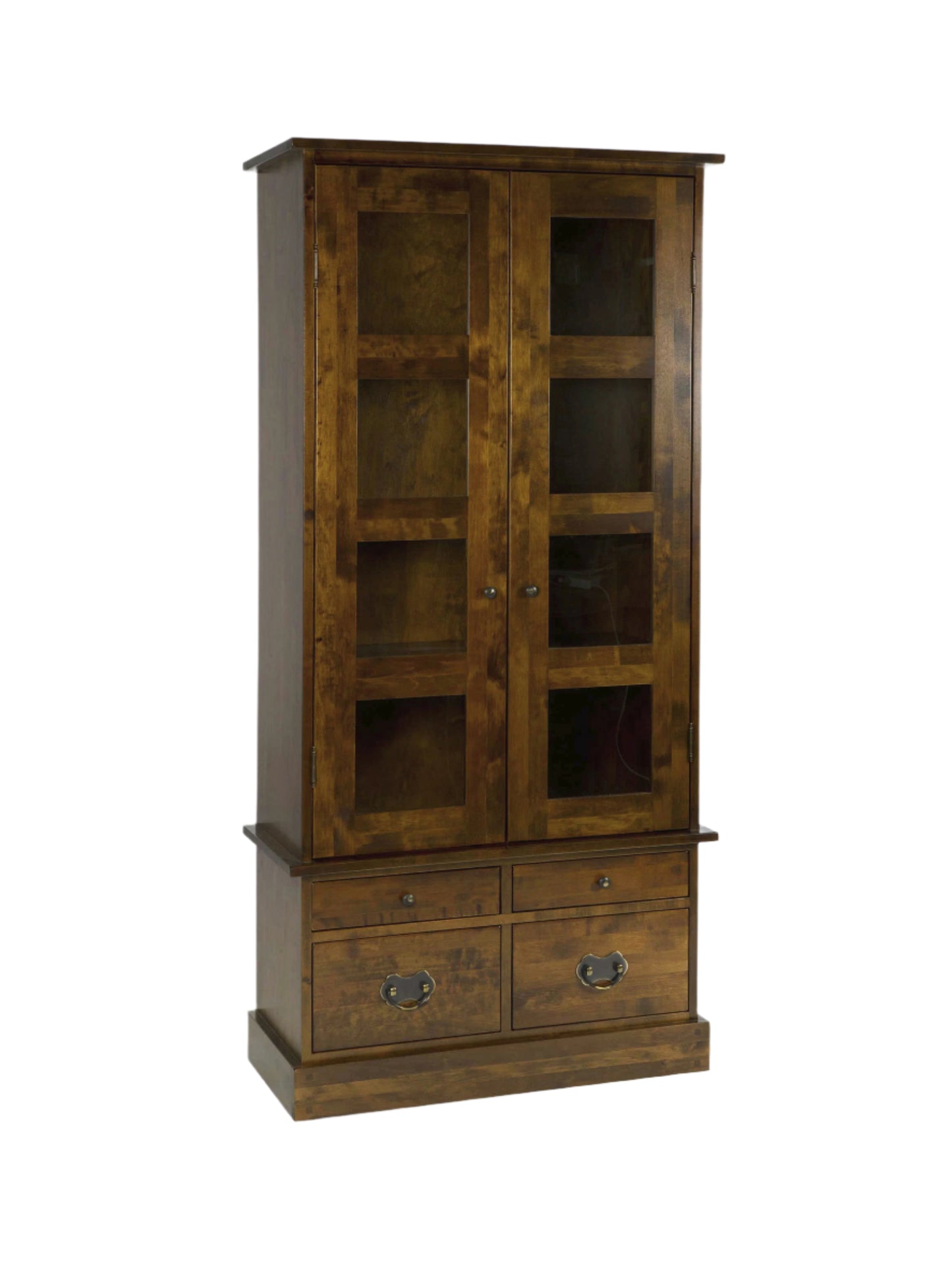 Wooden cabinet with glass doors and drawers on a white background