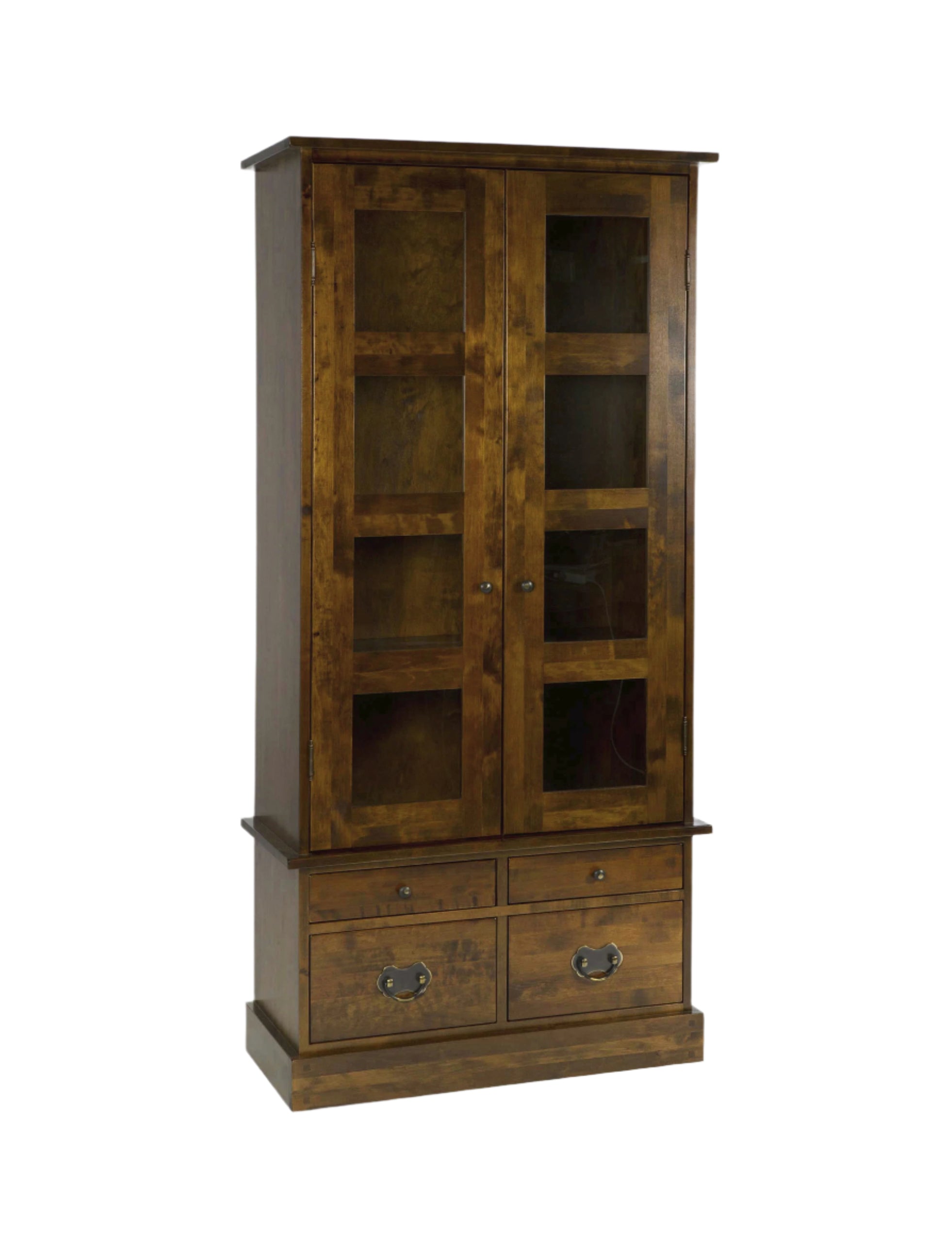 Wooden cabinet with glass doors and drawers on a white background