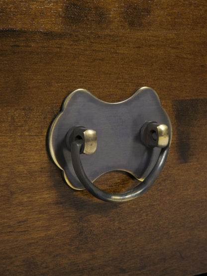 Close-up of a metal drawer pull on a wooden surface.