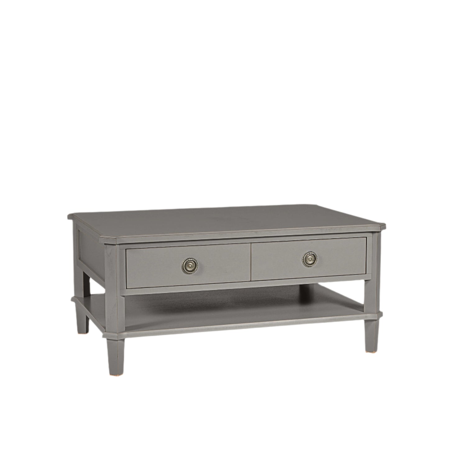 Gray coffee table with two drawers on a white background