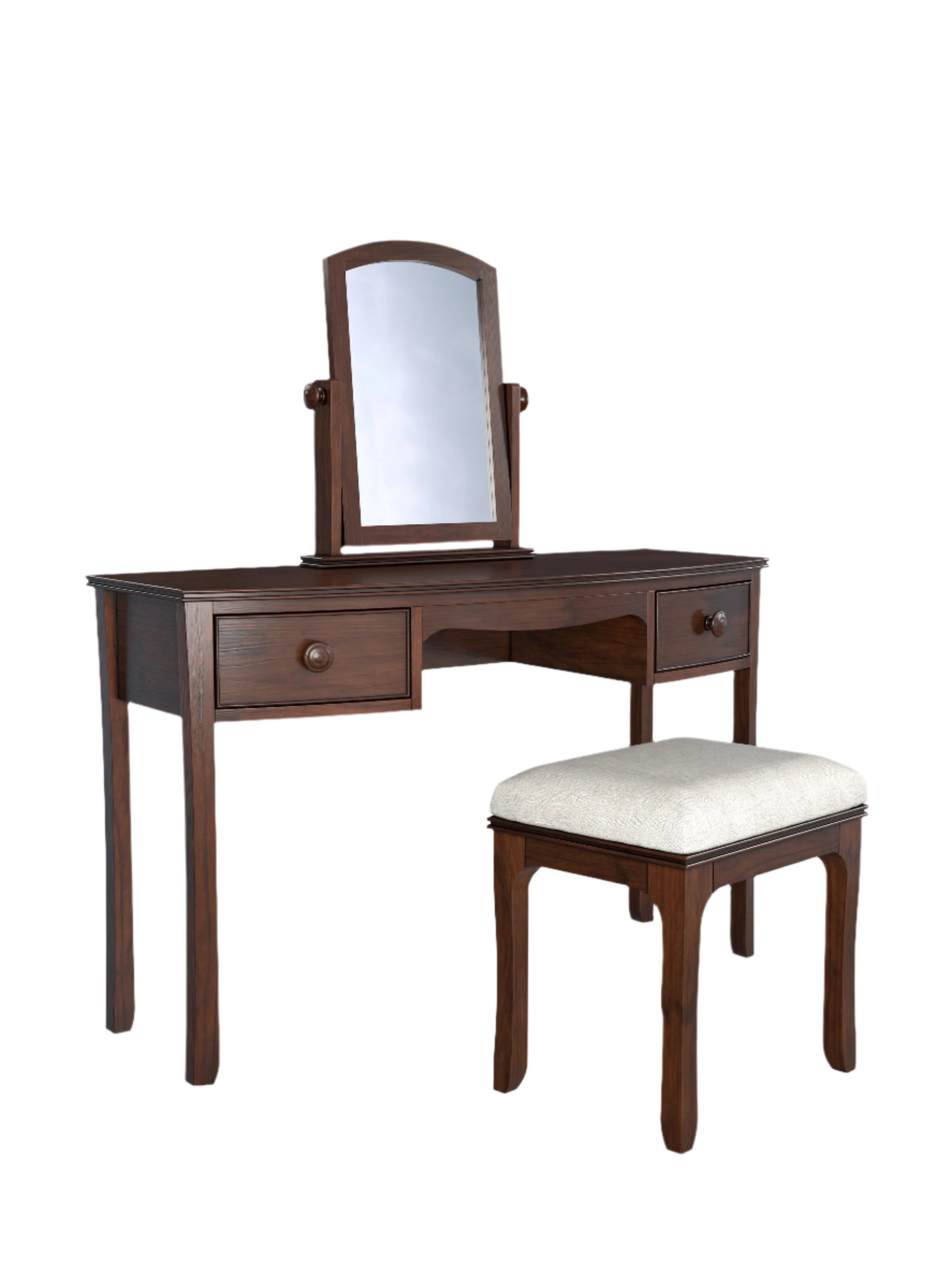 A traditional dark wooden 2-drawer dressing table with a mirror and a stool. The stool has a white seat pad.