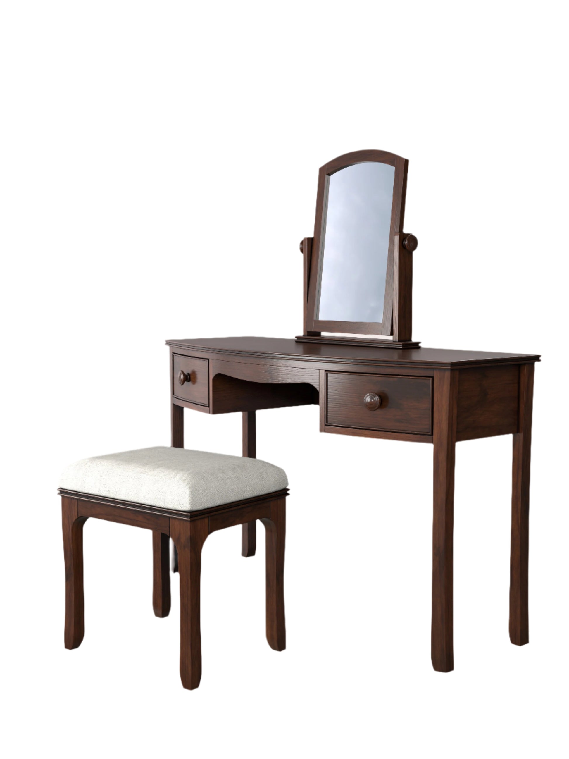 A traditional dark wooden 2-drawer dressing table with a mirror and a stool. The stool has a white seat pad.