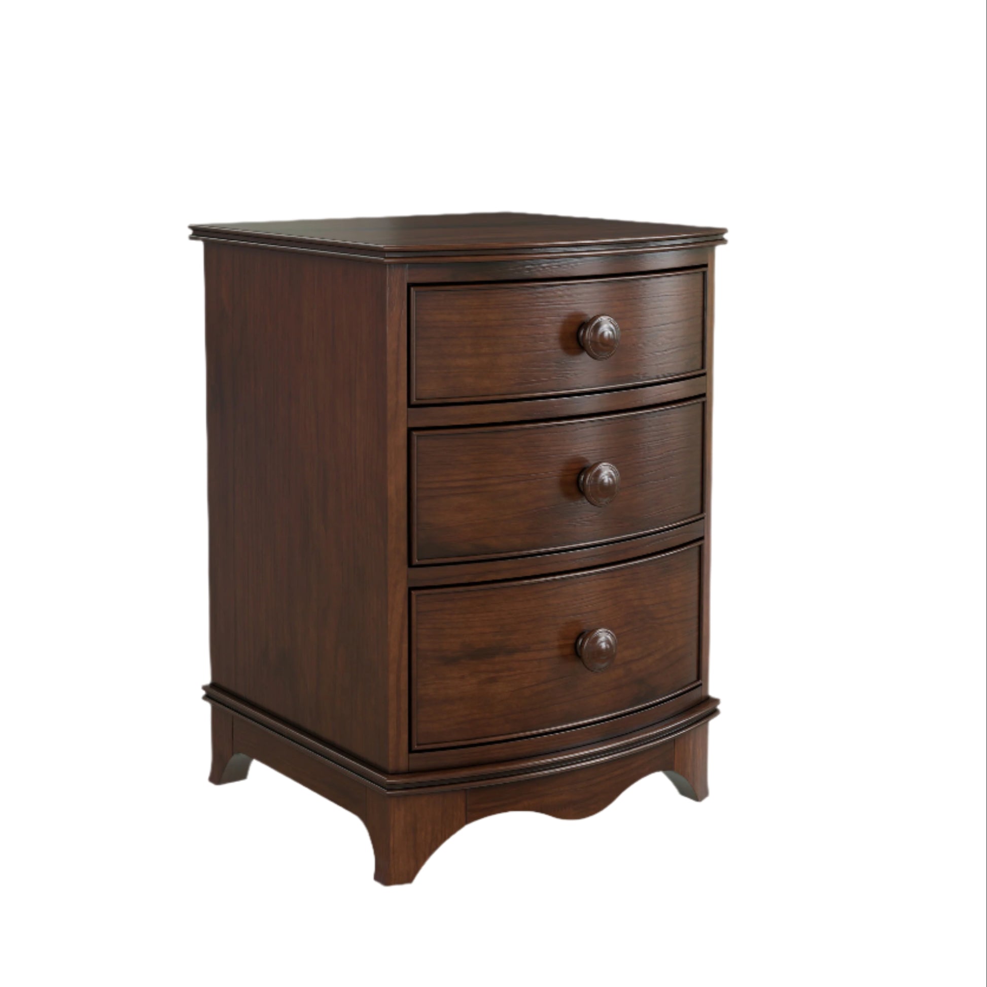 A left-hand corner angle view of a dark wooden 3-drawer bedside chest with a curved front and traditional design