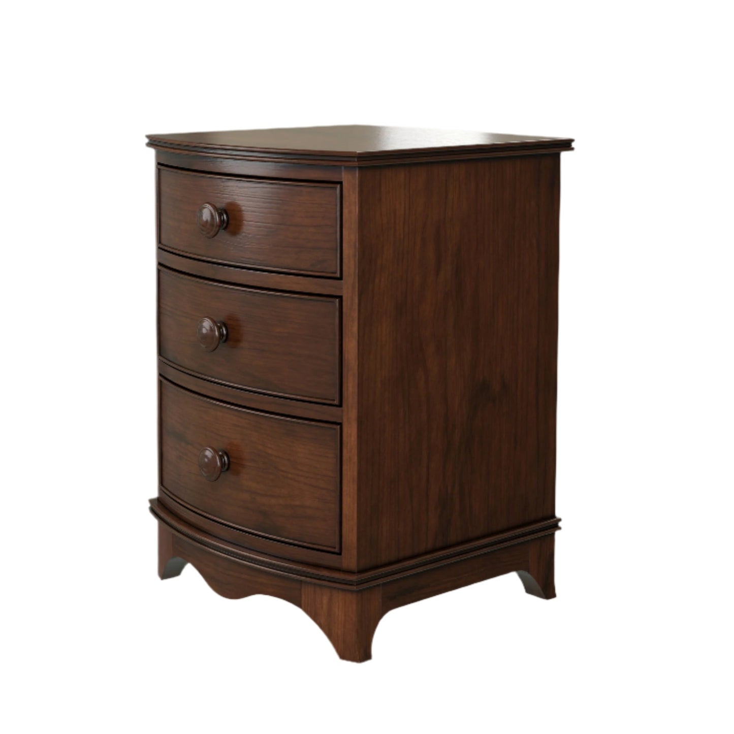 A right-hand corner angle view of a dark wooden 3-drawer bedside chest with a curved front and traditional design