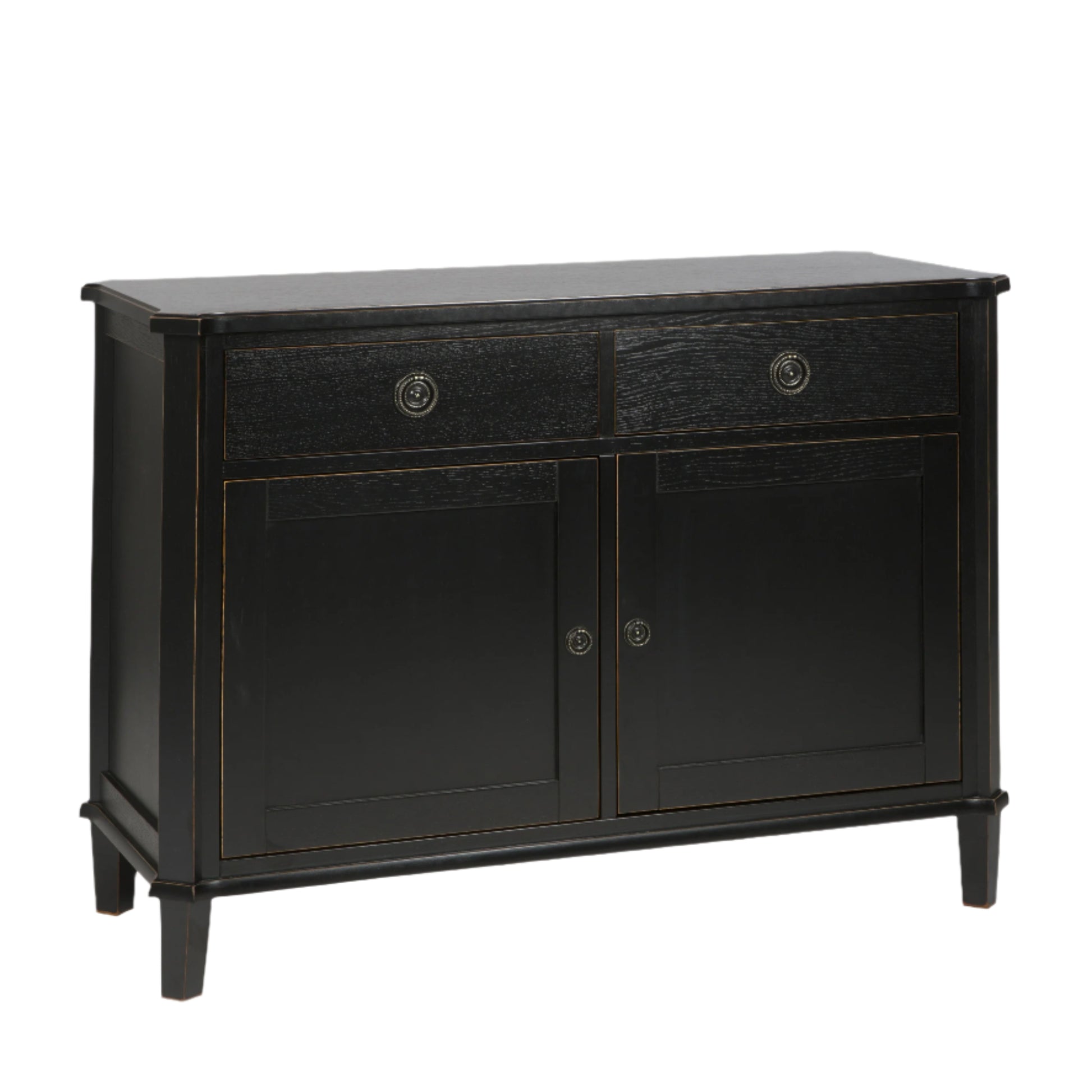 Black sideboard with two doors and two drawers on a beige background