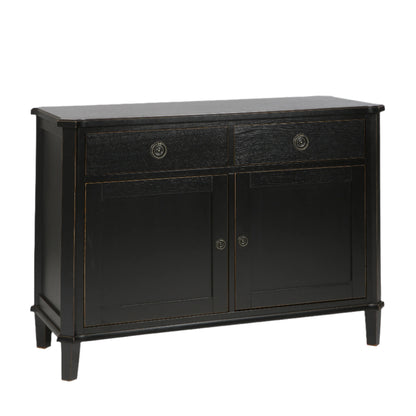 Black sideboard with two doors and two drawers on a beige background