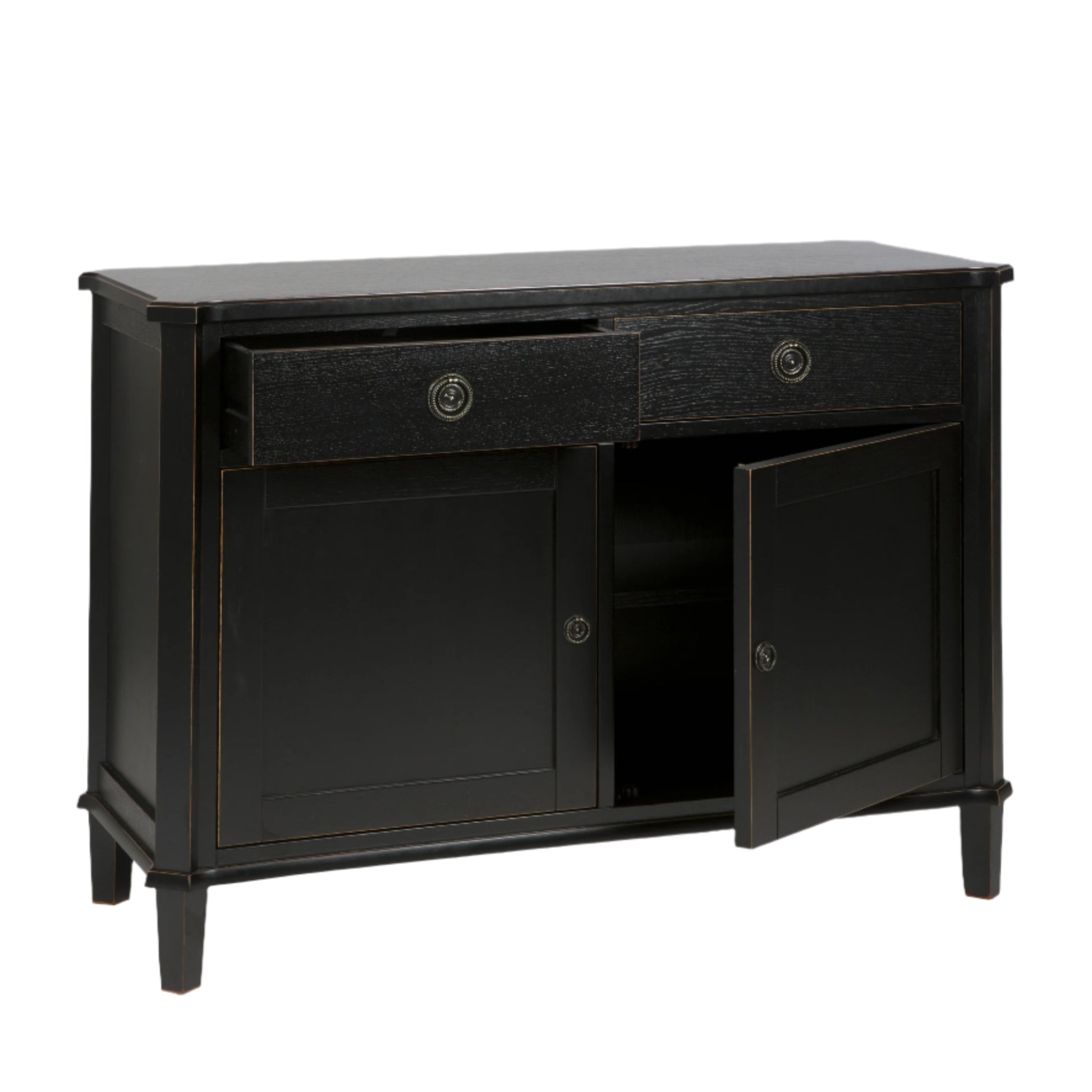 Black wooden sideboard with a drawer and two doors on a beige background