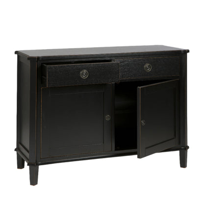 Black wooden sideboard with a drawer and two doors on a beige background