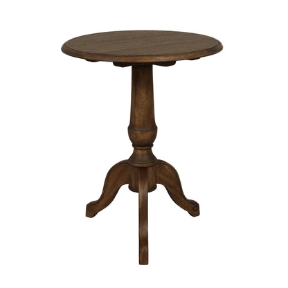 Wooden round table with a pedestal base on a white background