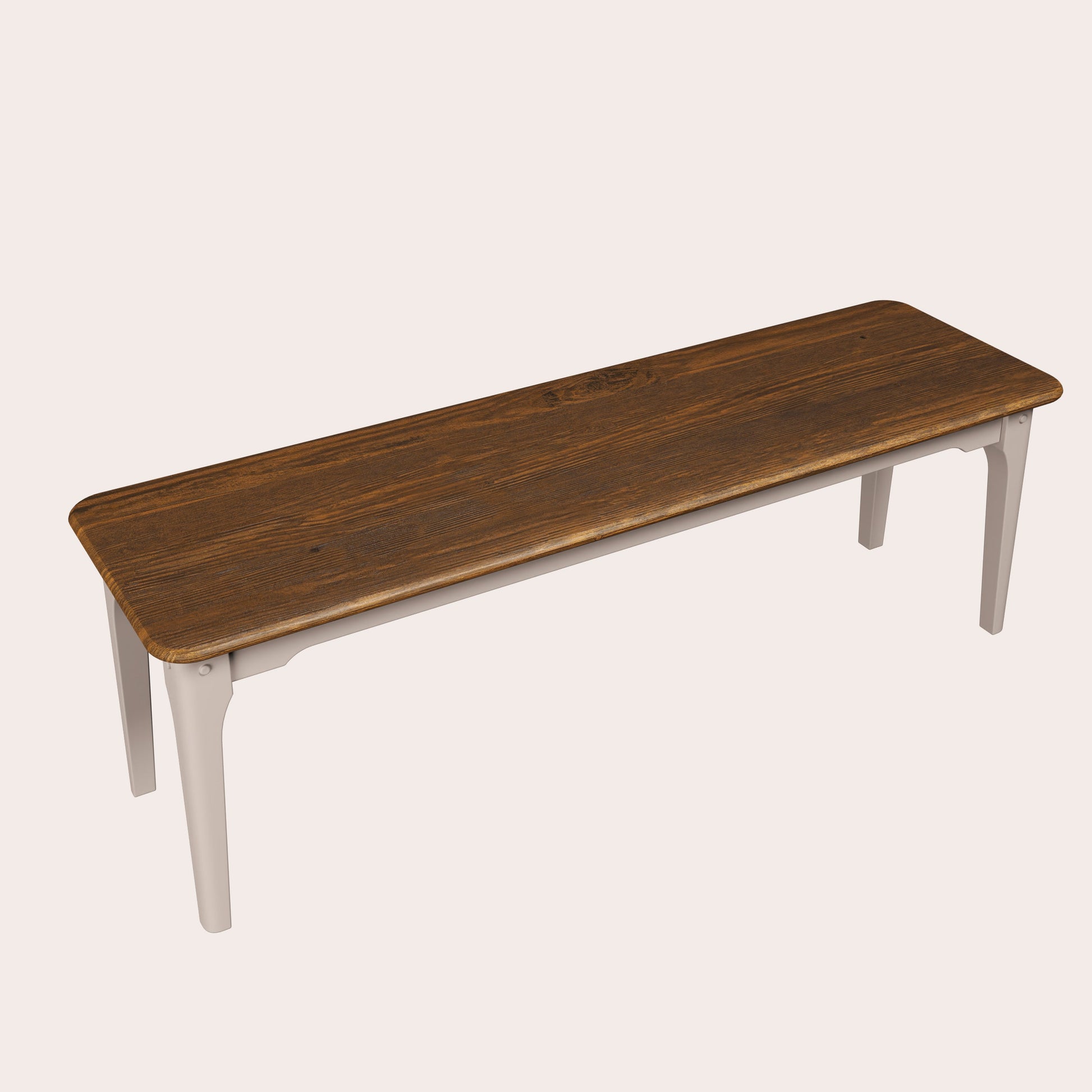 Wooden bench with white legs on a light beige background