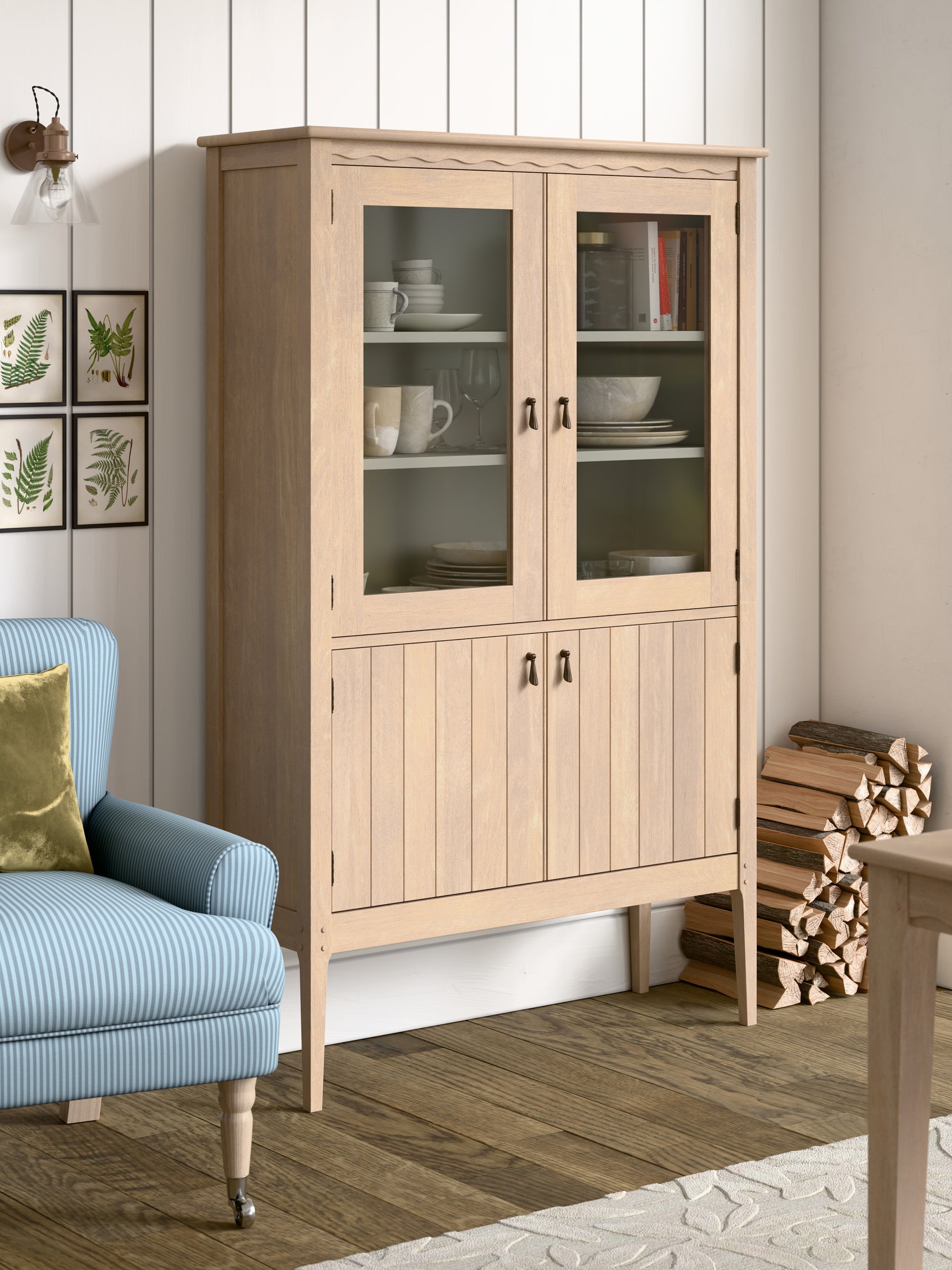 Laura Ashley Calford Washed Oak 4 Door Glazed Cabinet - 3271001 - White Bear Furnishings