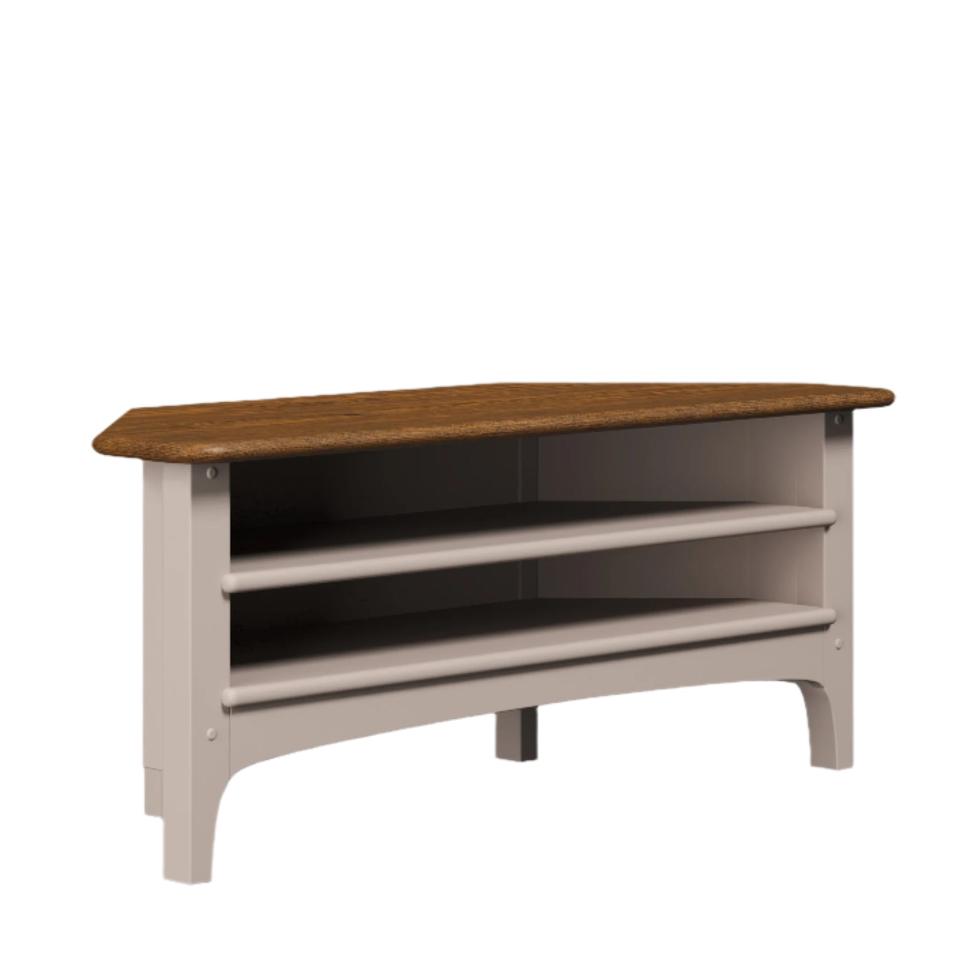 Wooden corner TV stand with a white base on a light beige background