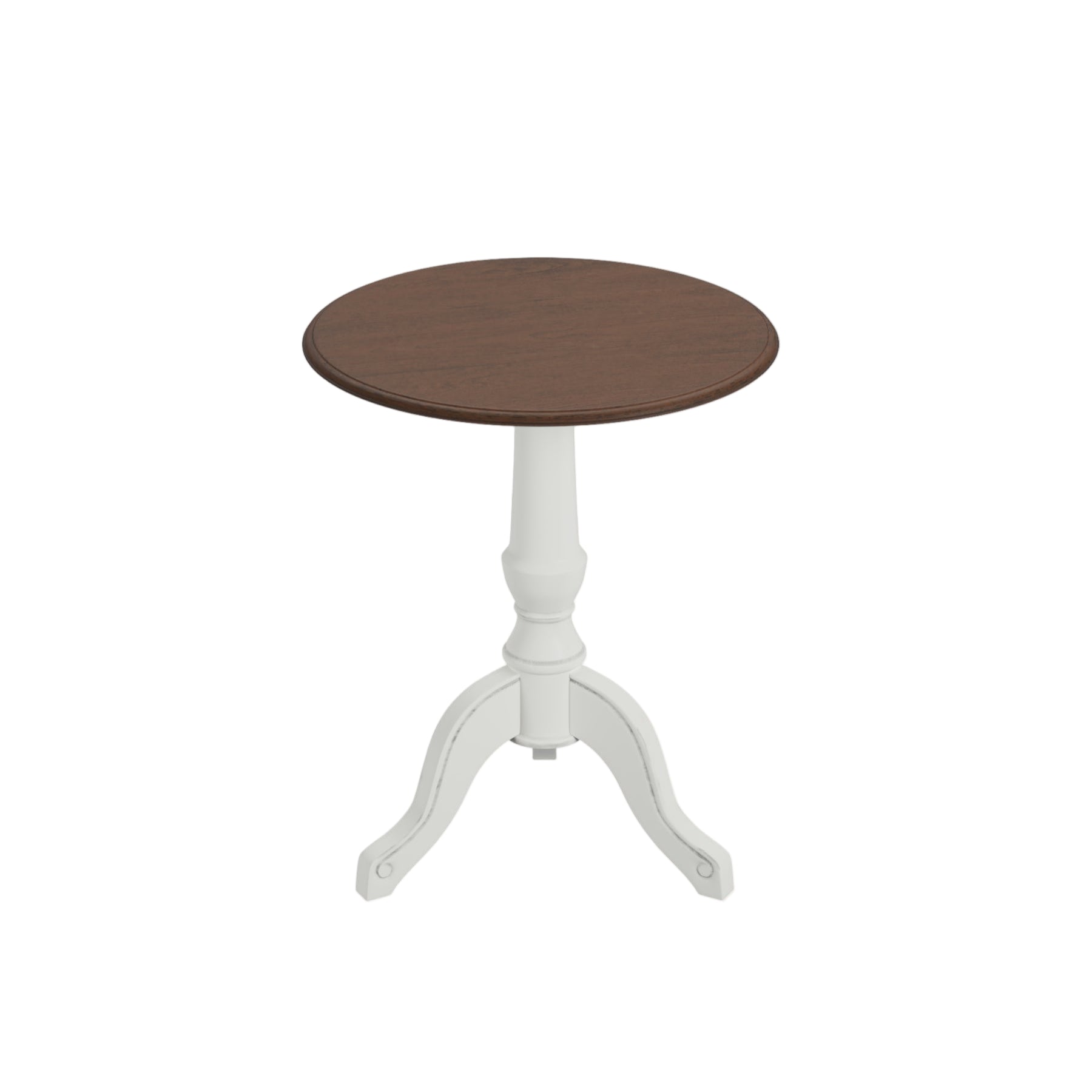 Round table with a white base and dark brown top on a light pink background