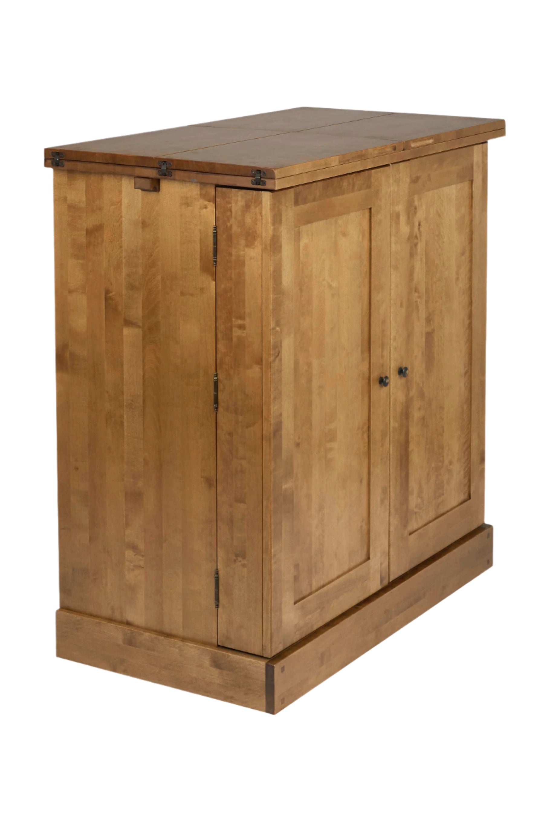 Wooden drinks cabinet with a simple design on a plain background, both doors are closed