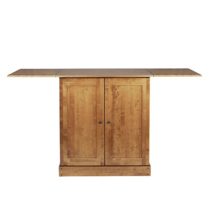 Wooden drinks cabinet with the extendable top open, with a simple design on a white background