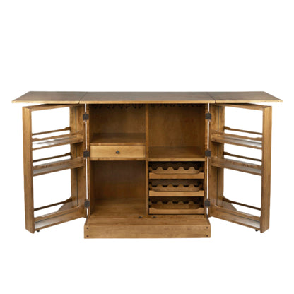 Wooden drinks bar cabinet with open doors showing the interior design for holding bottles and glasses on a white background