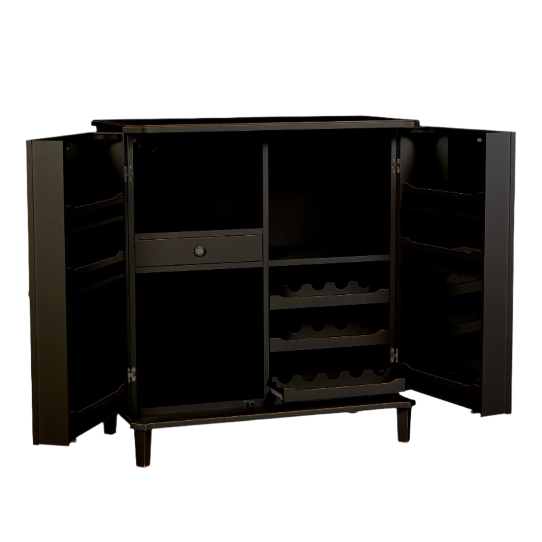 Black drinks cabinet with open doors on a white background