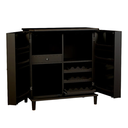 Black drinks cabinet with open doors on a white background