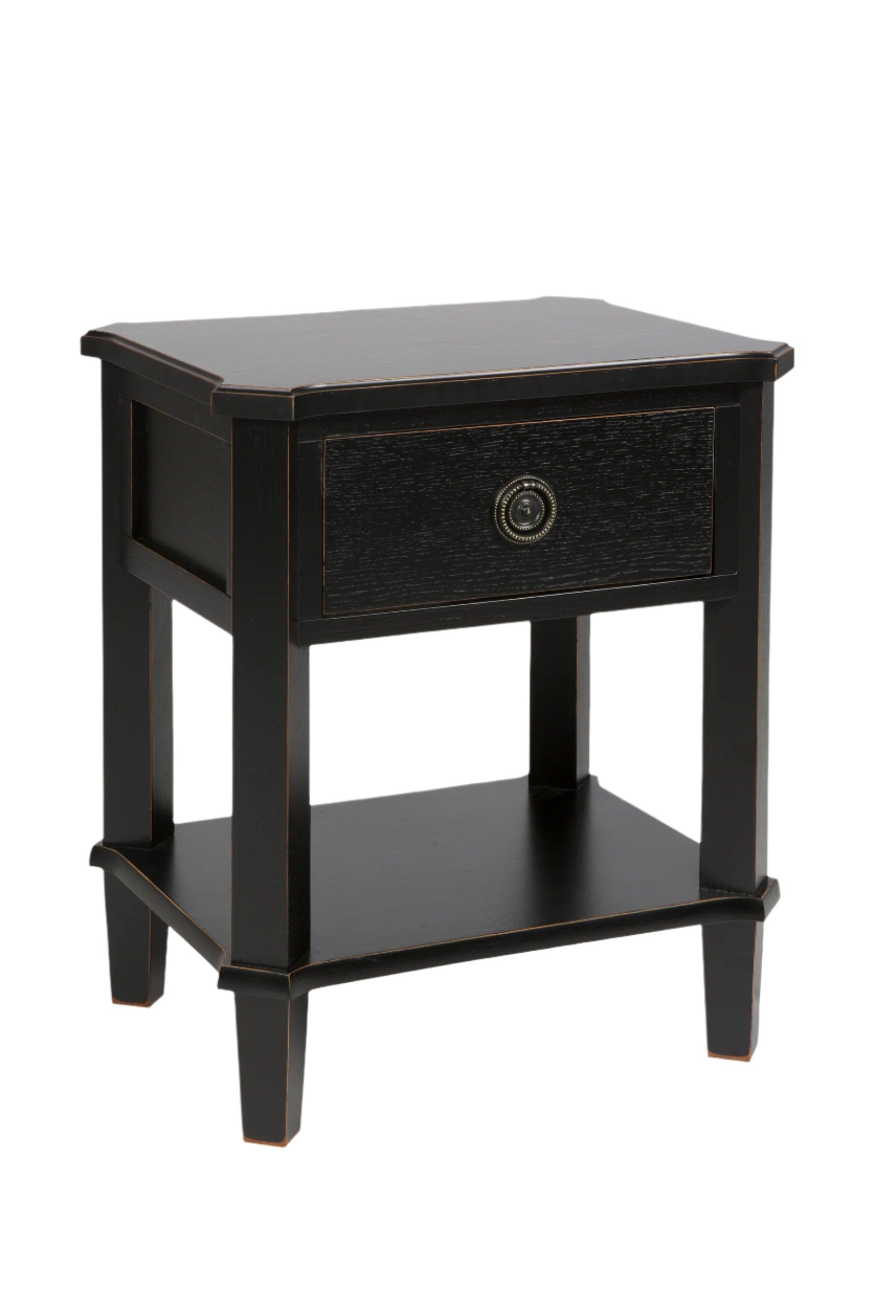 Black side table with a drawer on a white background