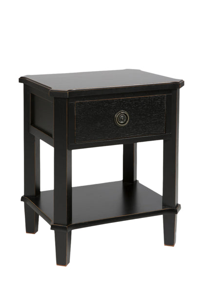 Black side table with a drawer on a white background