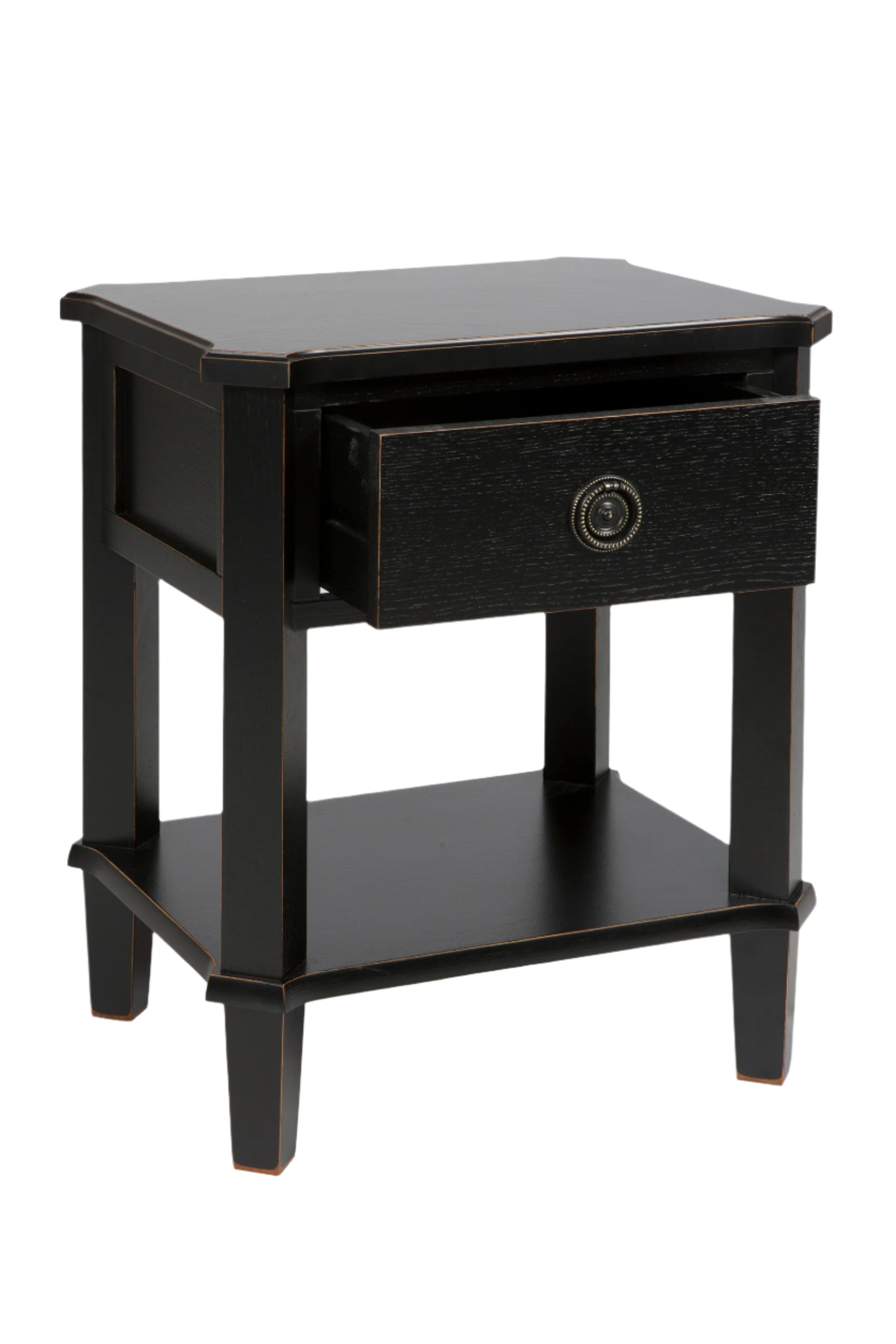 Black nightstand with a drawer on a white background