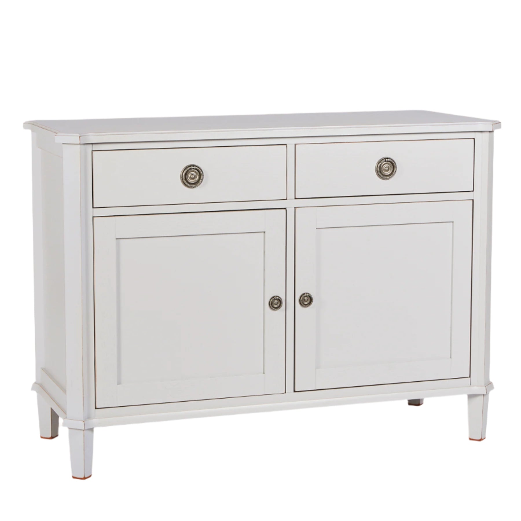 White sideboard with two doors and two drawers on a white background