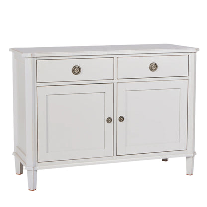 White sideboard with two doors and two drawers on a white background
