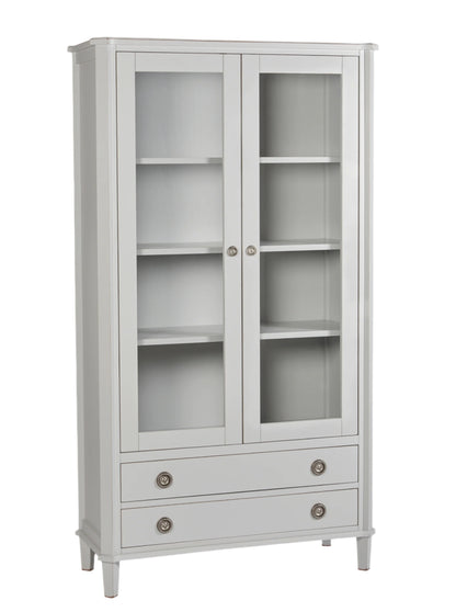 Light gray cabinet with glass doors and drawers on a white background
