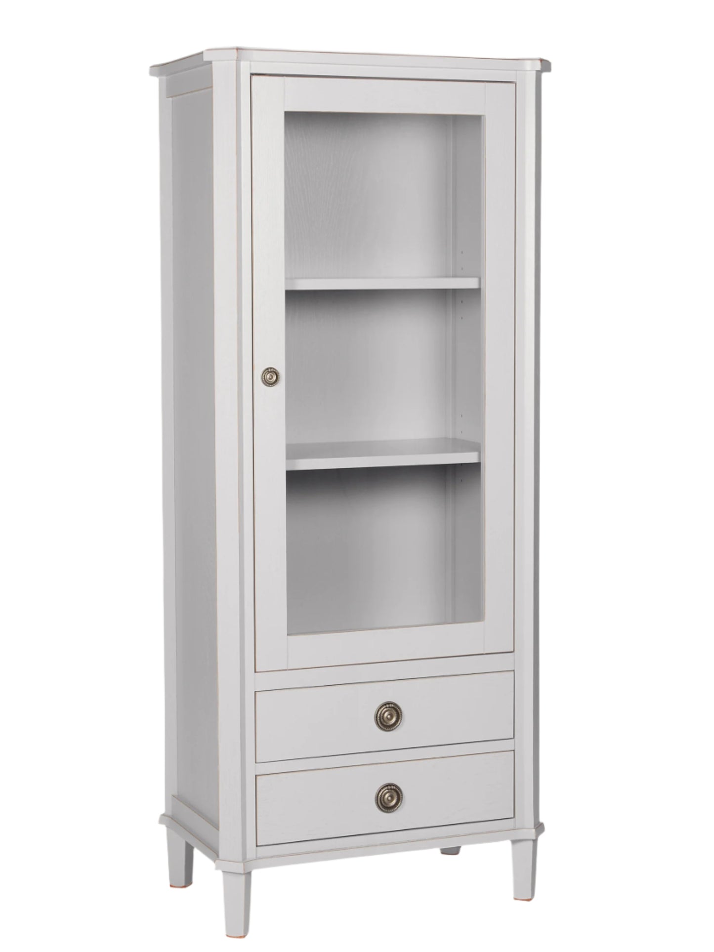 Light gray cabinet with a glass door and two drawers on a white background