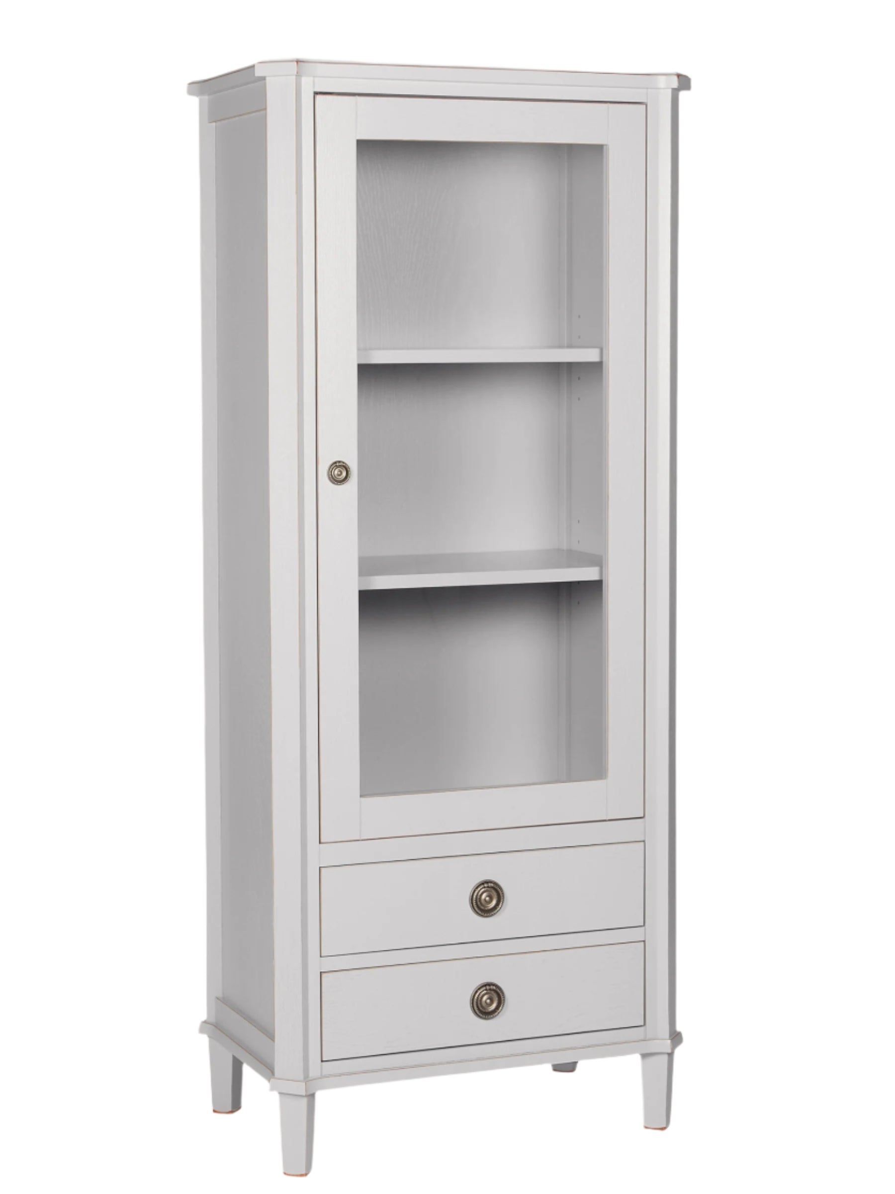 Light gray cabinet with a glass door and two drawers on a white background