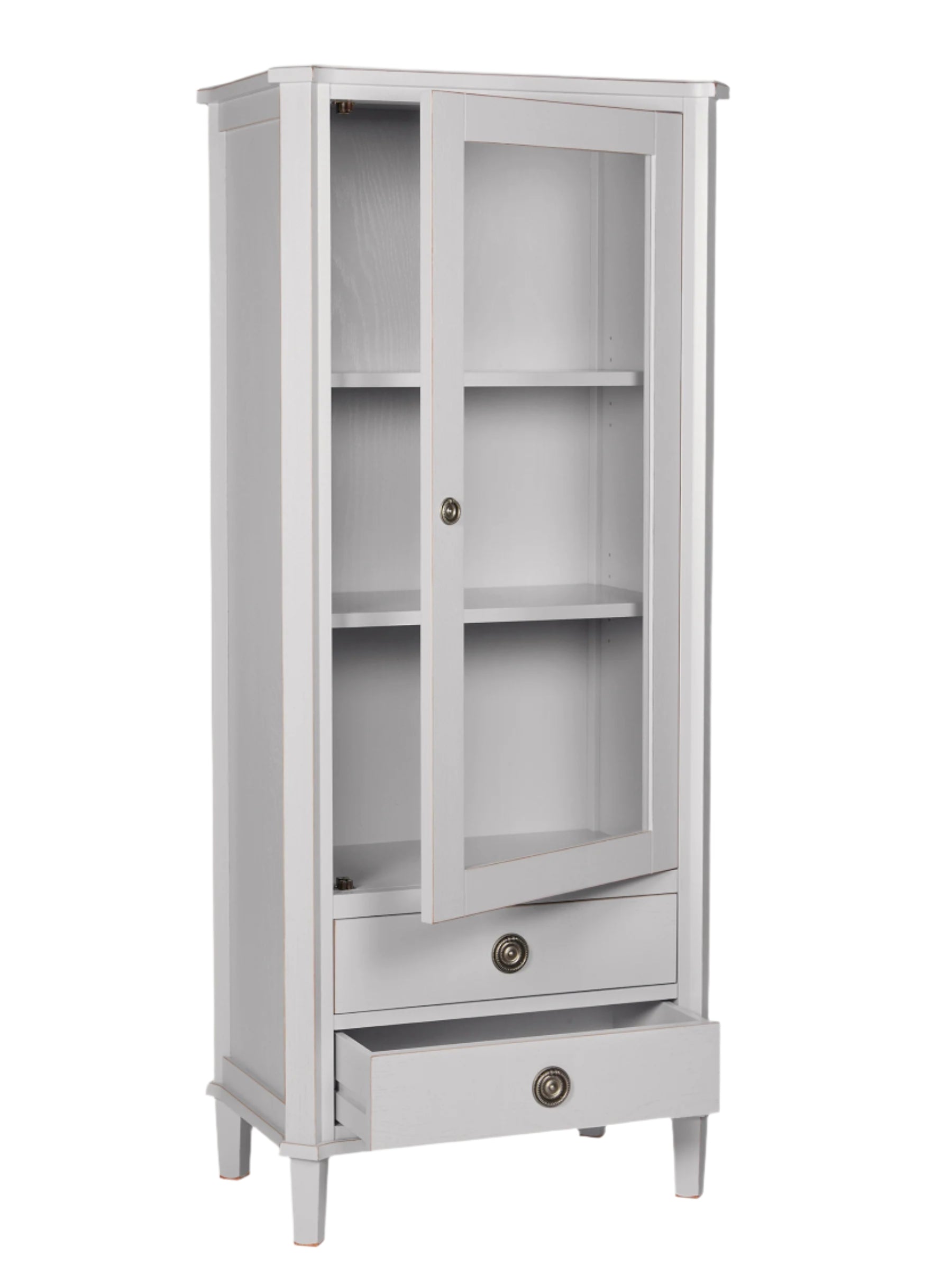 Gray cabinet with a glass door and a drawer on a white background