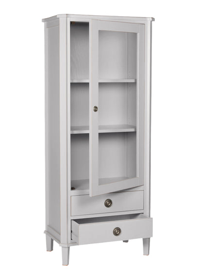 Gray cabinet with a glass door and a drawer on a white background