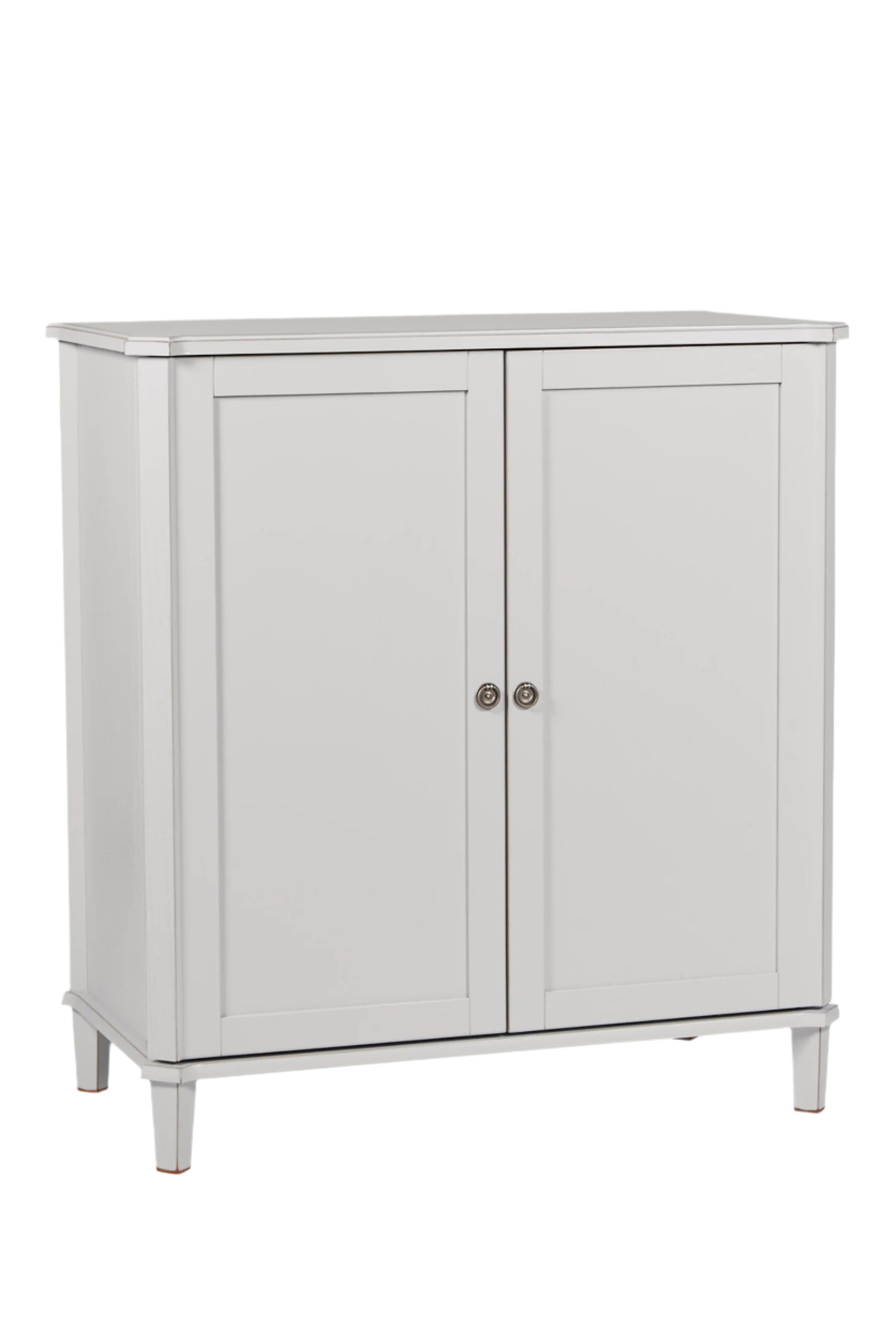 Pale grey drinks cabinet with two doors on a white background