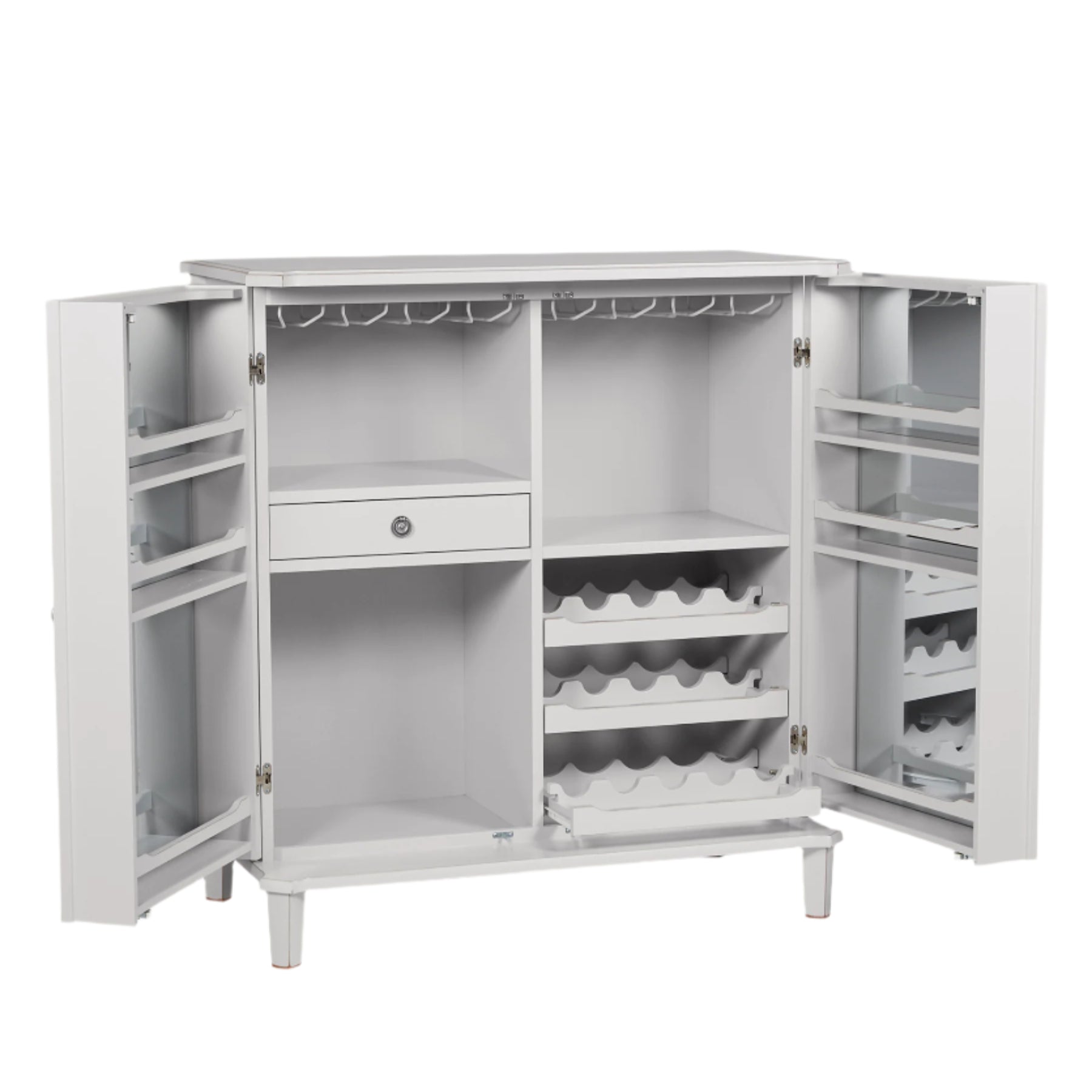 Pale grey drinks cabinet with open doors displaying shelves on a white background