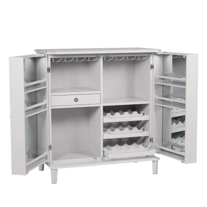 Pale grey drinks cabinet with open doors displaying shelves on a white background