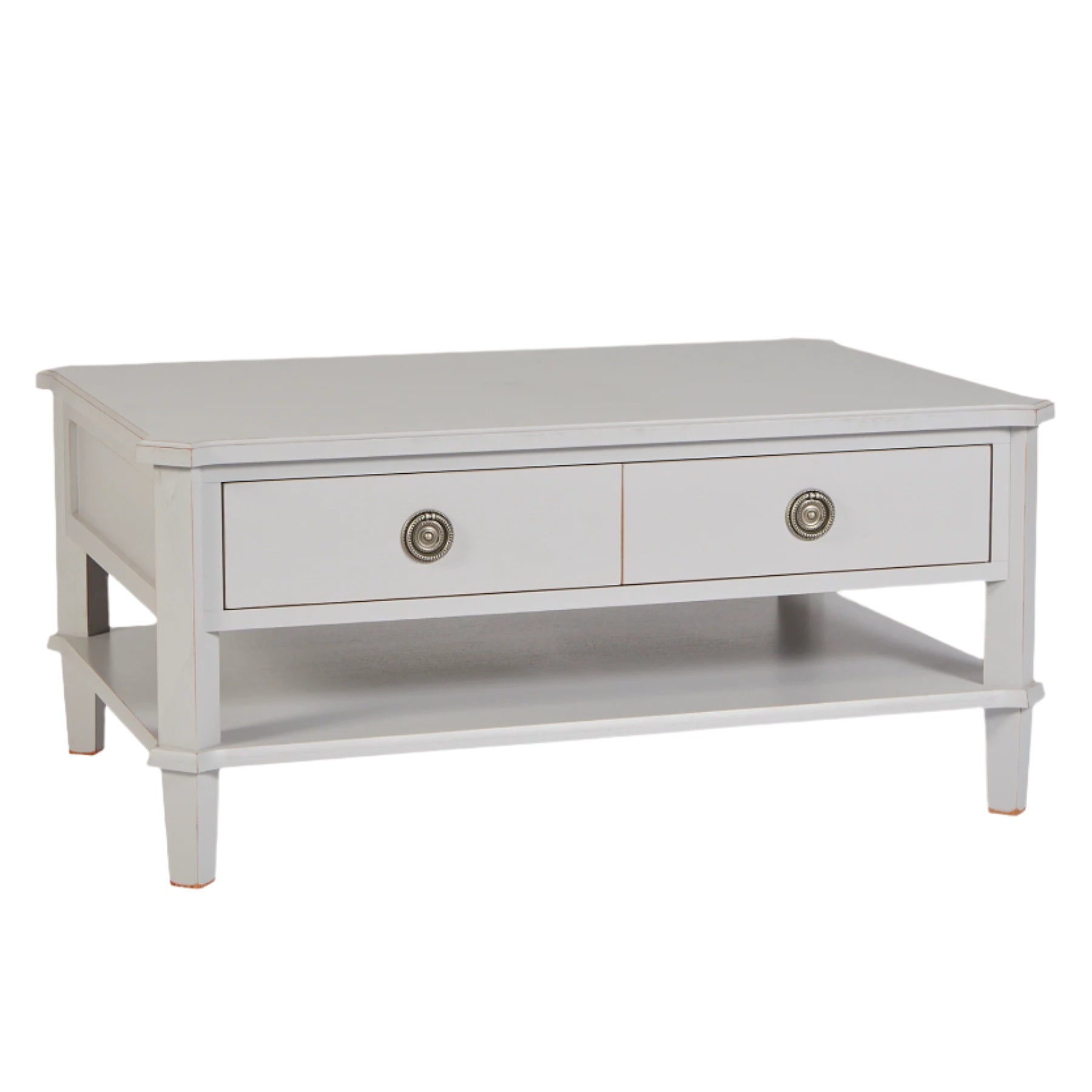 Light gray coffee table with two drawers and round handles on a white background