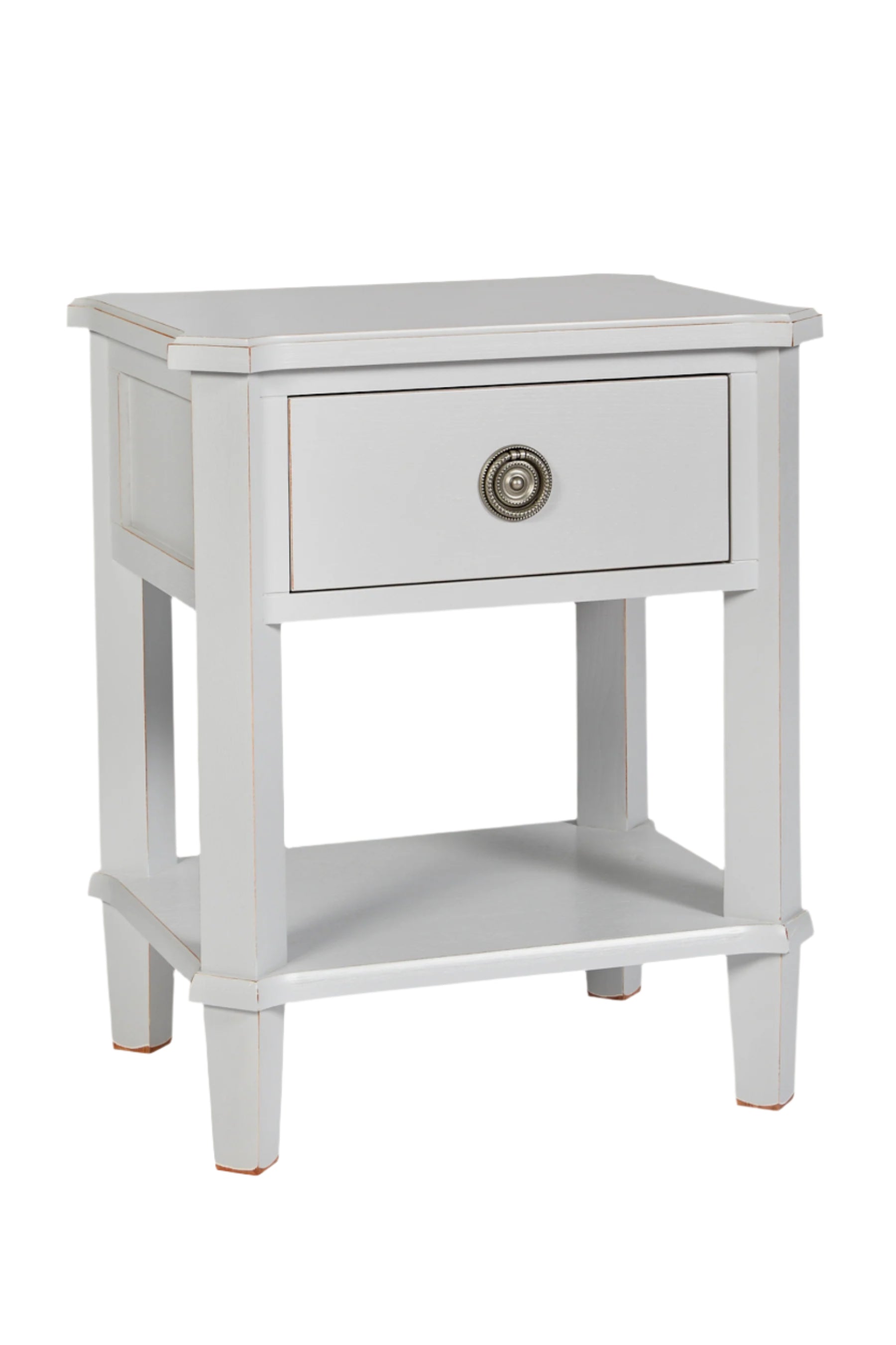 White side table with a drawer on a white background