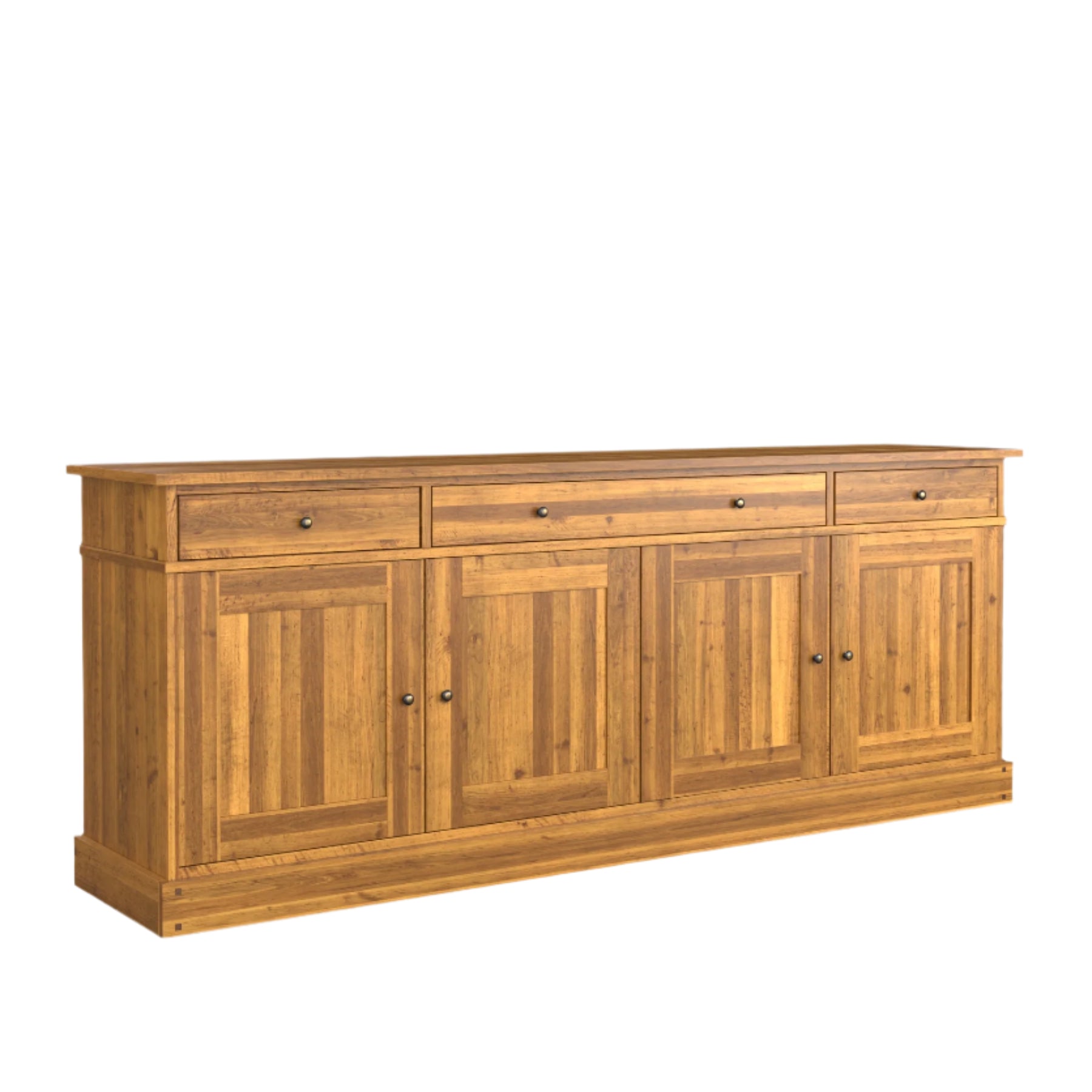 A honey coloured wooden sideboard with a plain background