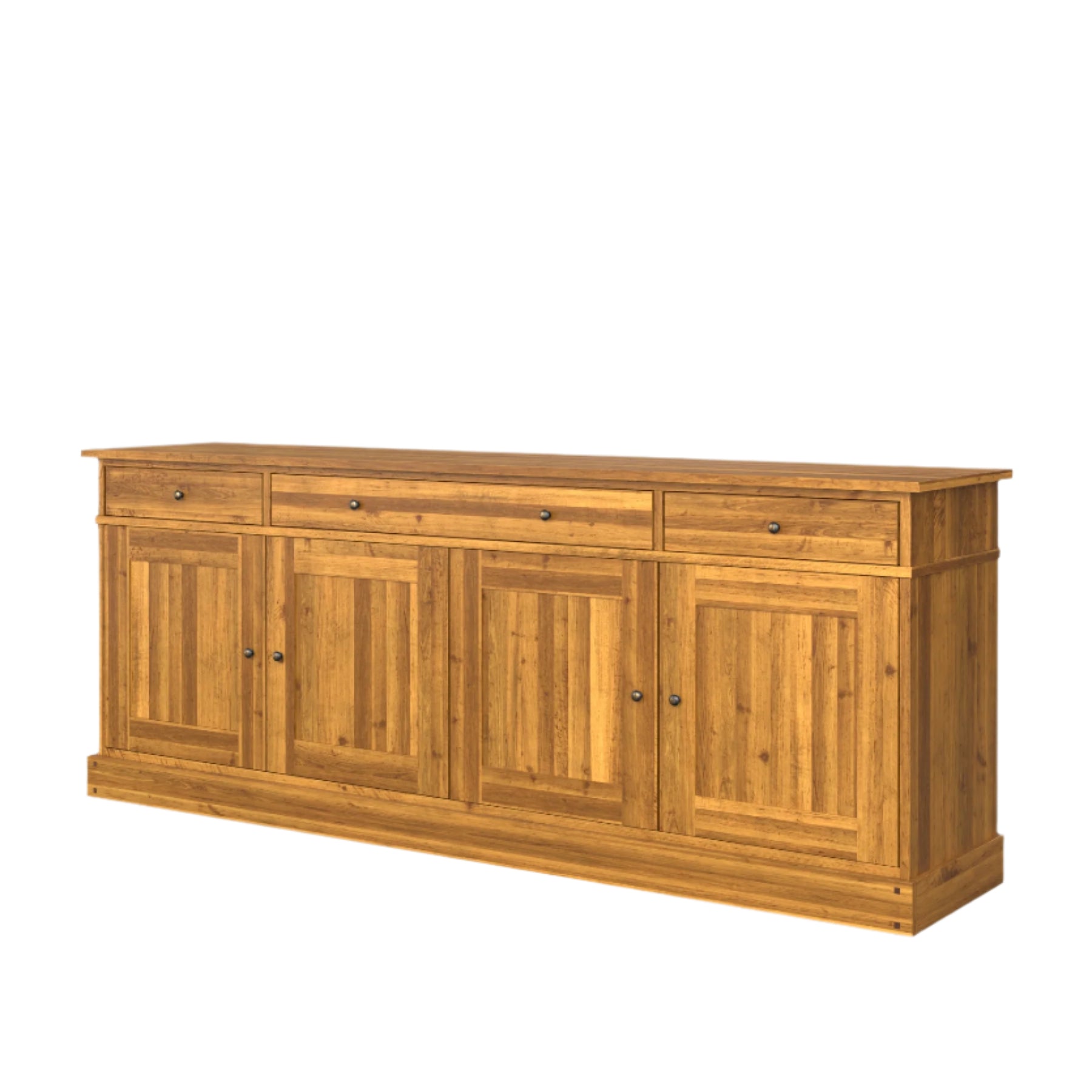 A honey coloured wooden sideboard with drawers and doors on a white background