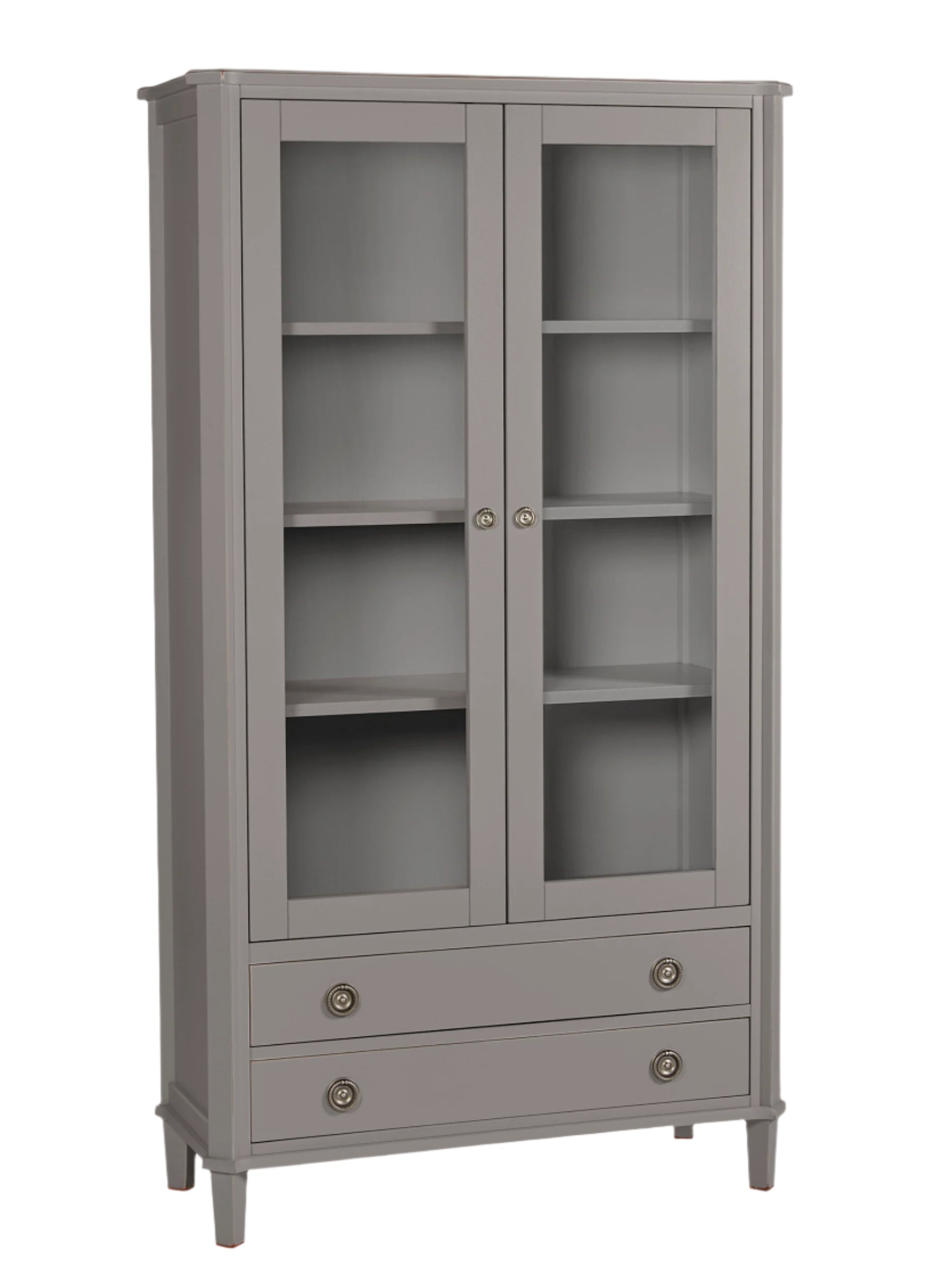 Gray cabinet with glass doors and a drawer on a white background