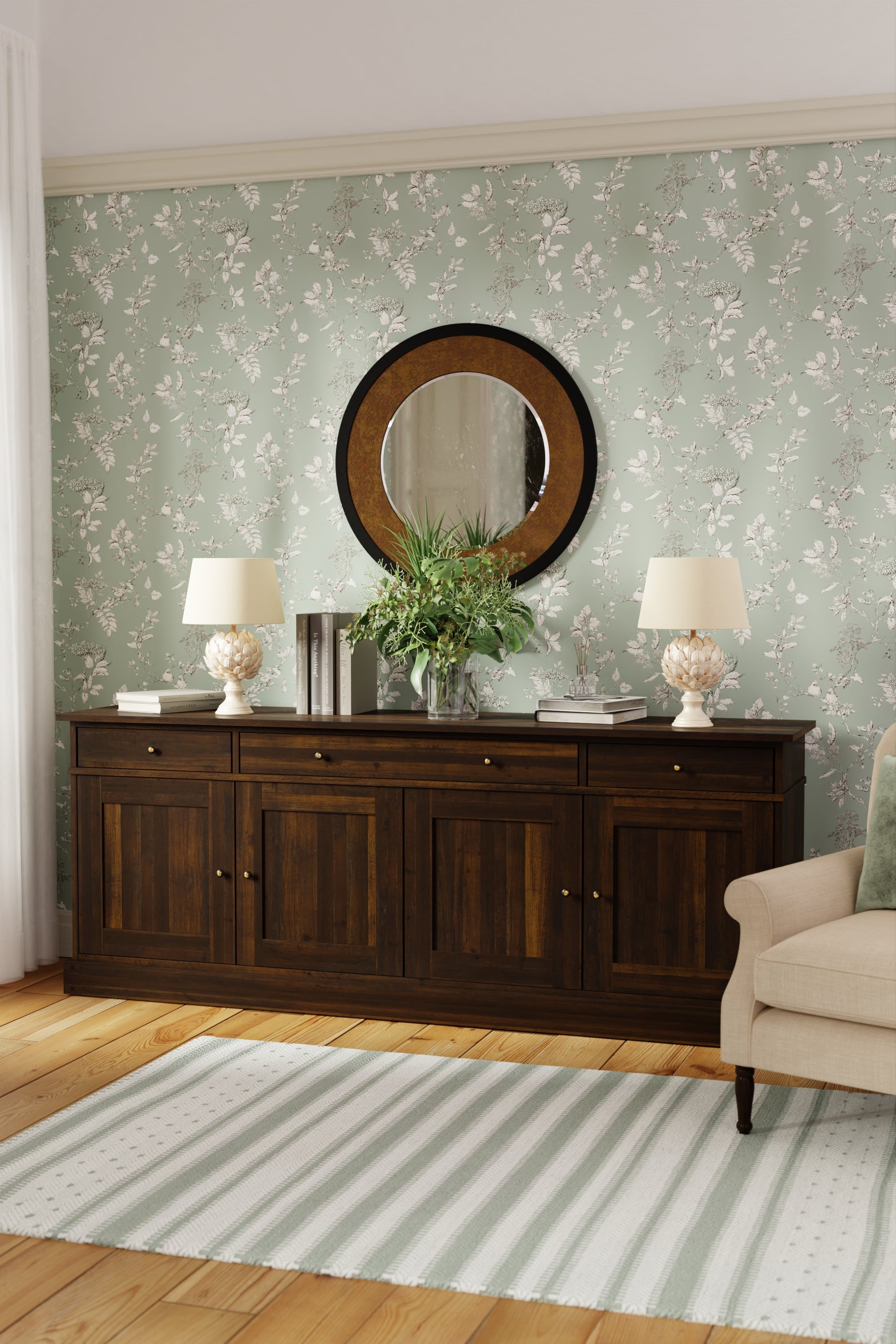Room with floral wallpaper, wooden furniture, and decorative items.