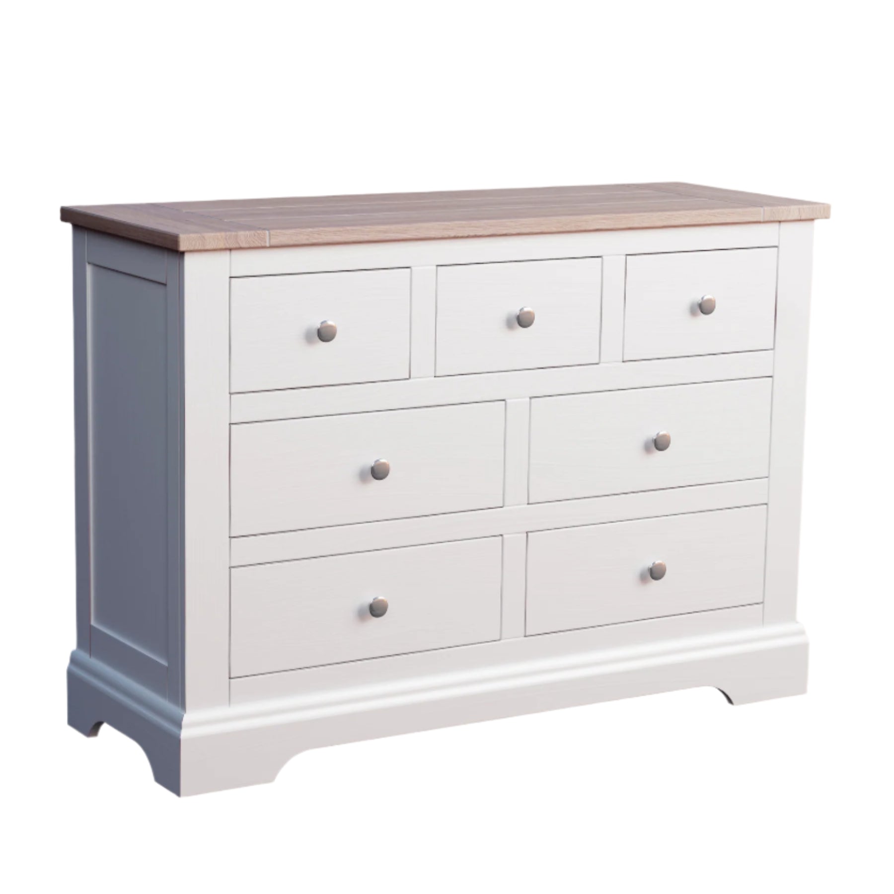 A left-hand corner view of a white Laura Ashley Dorset 3+4 Drawer Chest with a wooden top against a white background