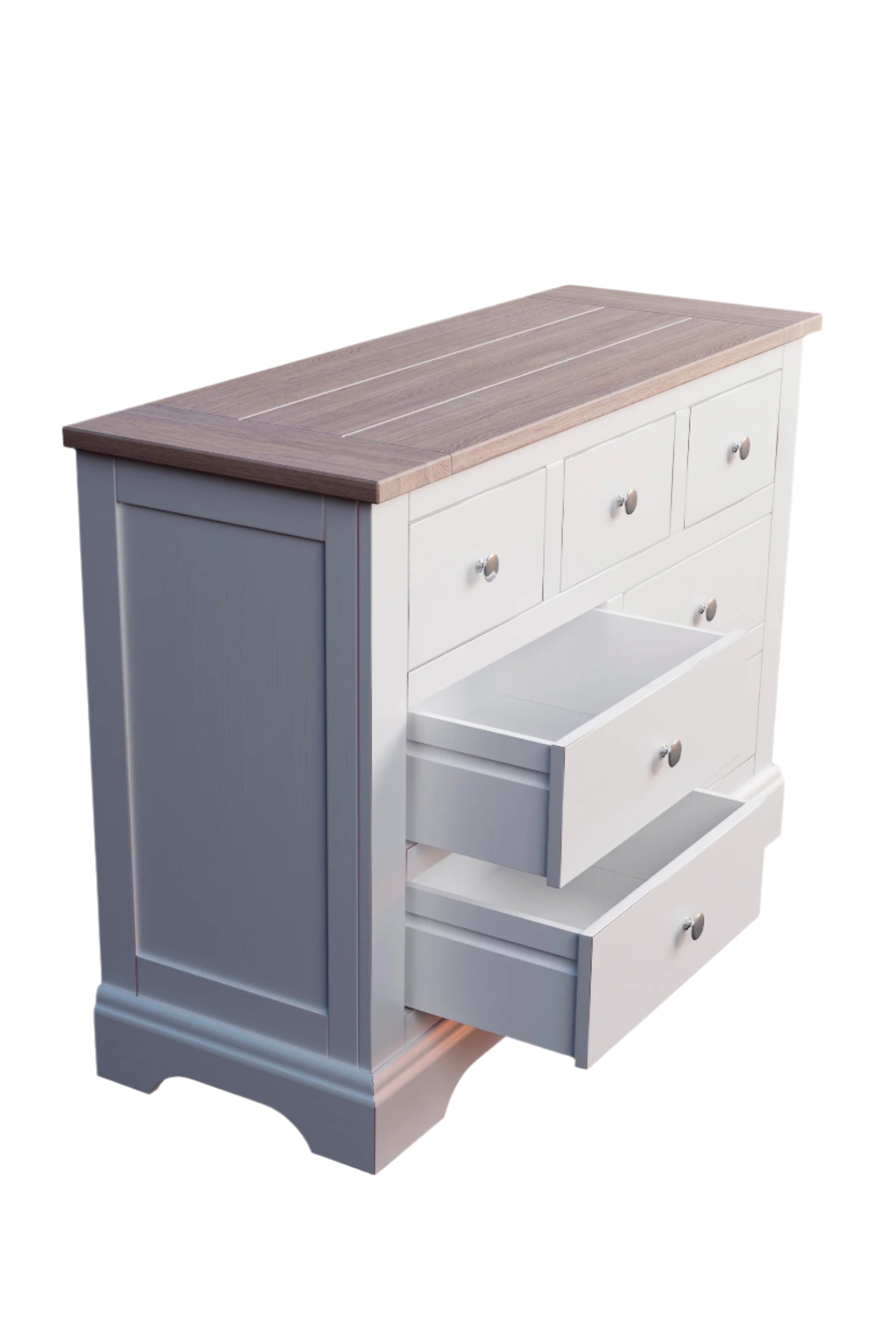 A left-hand corner view of a white Laura Ashley Dorset 3+4 Drawer Chest with a wooden top against a white background, 2 bottom drawers are open