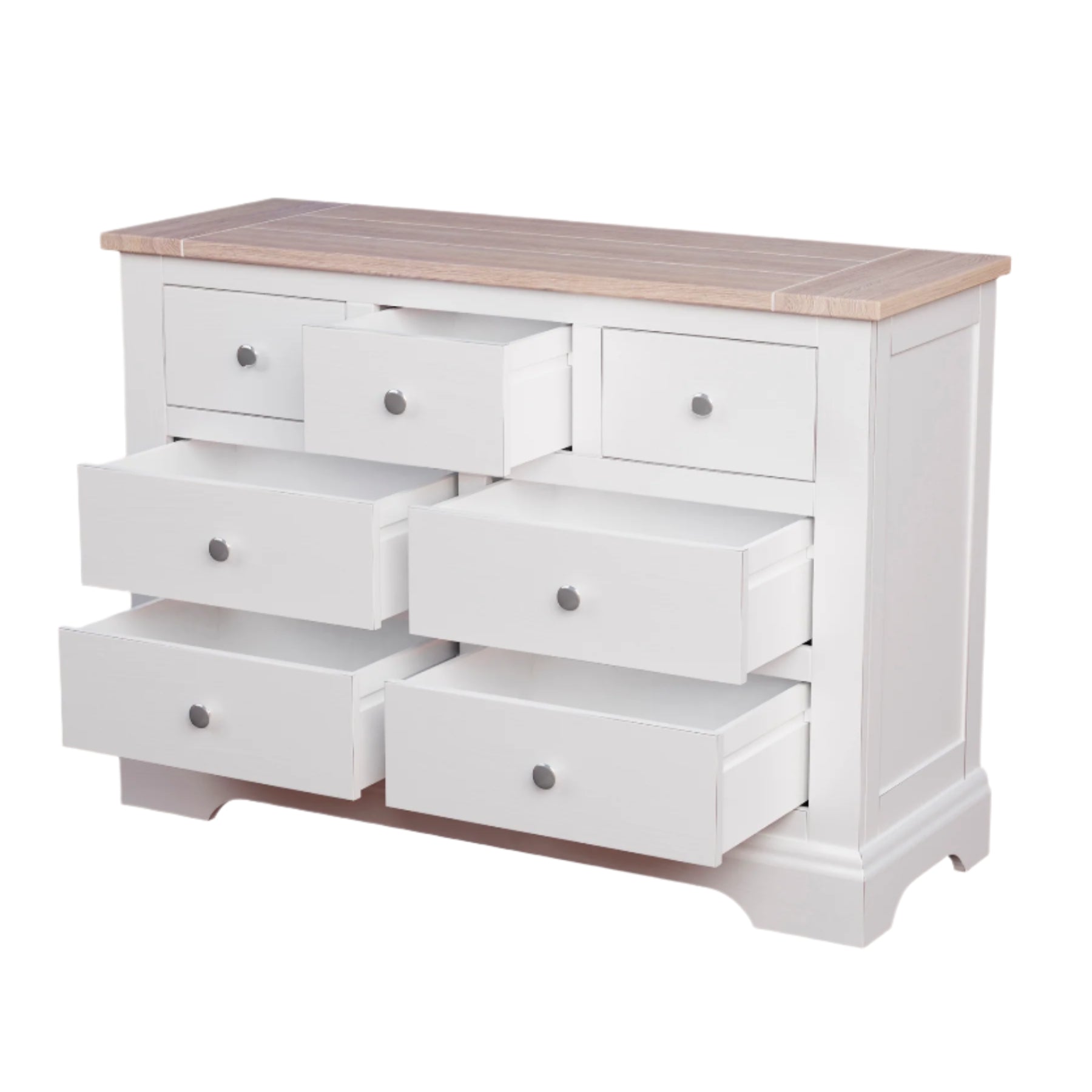 A left-hand corner view of a white Laura Ashley Dorset 3+4 Drawer Chest with a wooden top against a white background. 4 bottom drawers and 1 top middle drawer are open