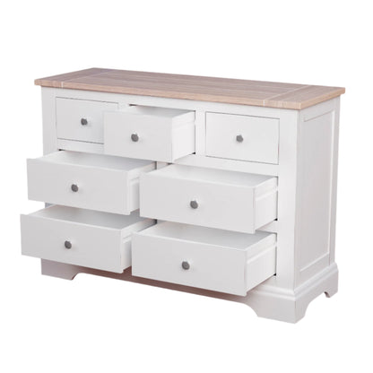 A left-hand corner view of a white Laura Ashley Dorset 3+4 Drawer Chest with a wooden top against a white background. 4 bottom drawers and 1 top middle drawer are open