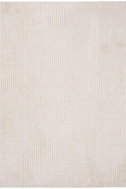 Textured beige rug with a geometric pattern