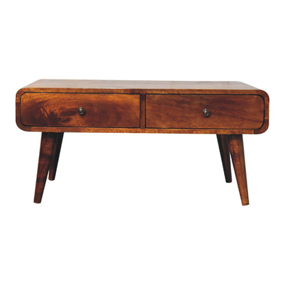 Front-facing view of the rectangular wooden coffee table with twin drawers and mid-century style legs.